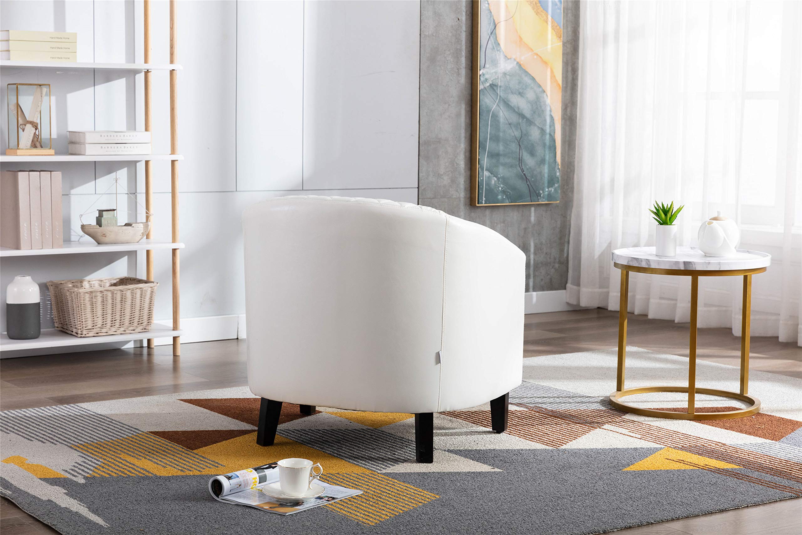 Modern Upholstered Faux Leather Barrel Accent Chair with Solid Wood Legs & Nailhead Trim - Comfortable Club Chair for Living Room, Office, Guest Room & Family Room - White Leather Lounge Chair for Home Decor & Relaxation