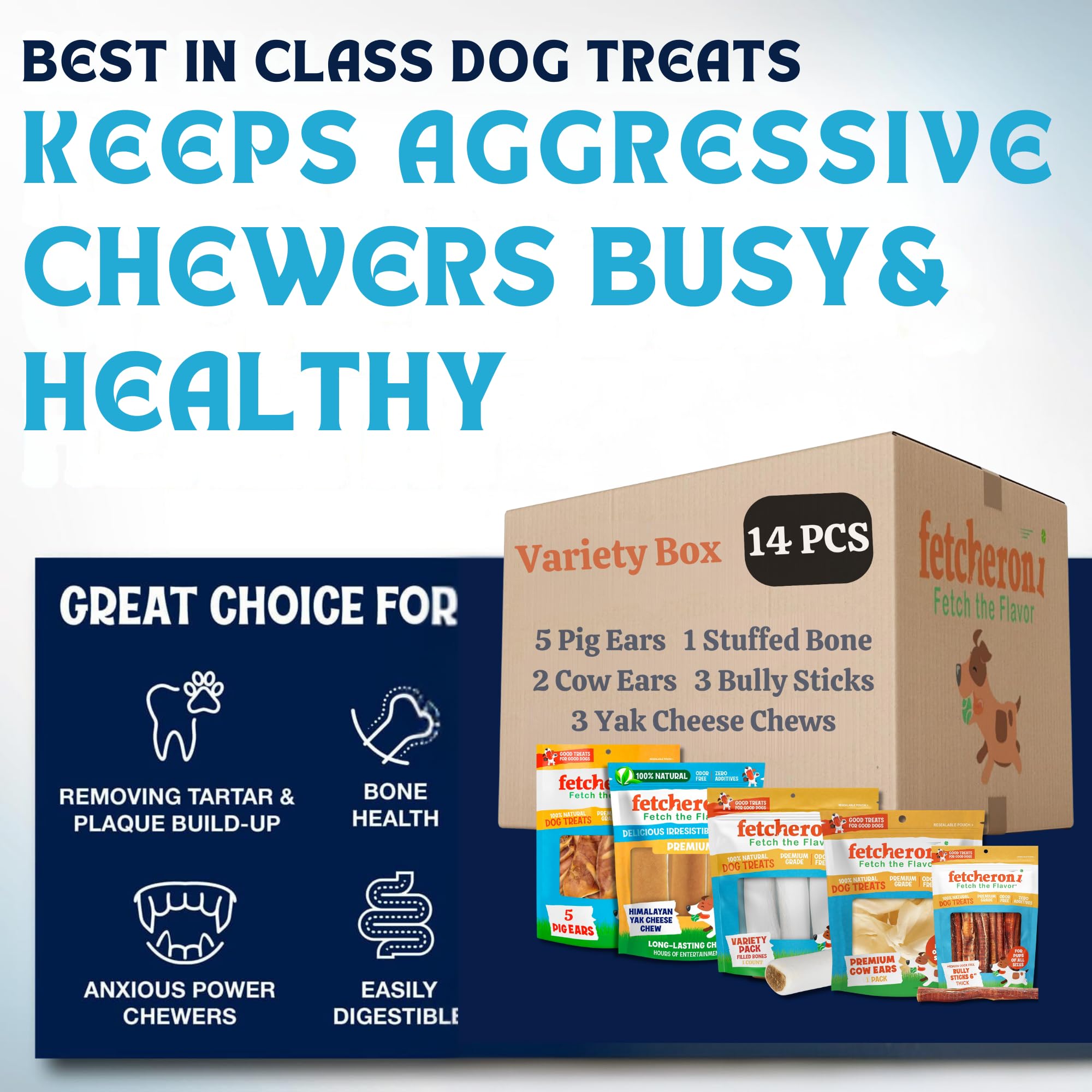 Premium Dog Treat Variety Box - 5 Pig Ears, 3 Yak Cheese Chews, 3 Bully Sticks, 2 Cow Ears & 1 Dog Bone - 100% Natural Long-Lasting Chews for Dogs - Perfect for Training, Teething & Dental Health