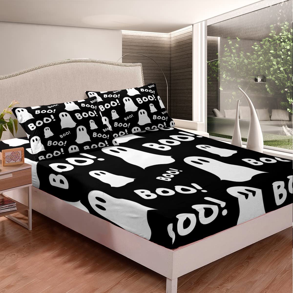 **Spooky Halloween Bed Sheet Set for Kids - Cute Ghost Print Twin Size Fitted Sheet & Comforter Cover - Soft Microfiber Black Bedding Set for Boys & Girls - Perfect for Halloween Decor, Themed Bedrooms & Sleepovers**