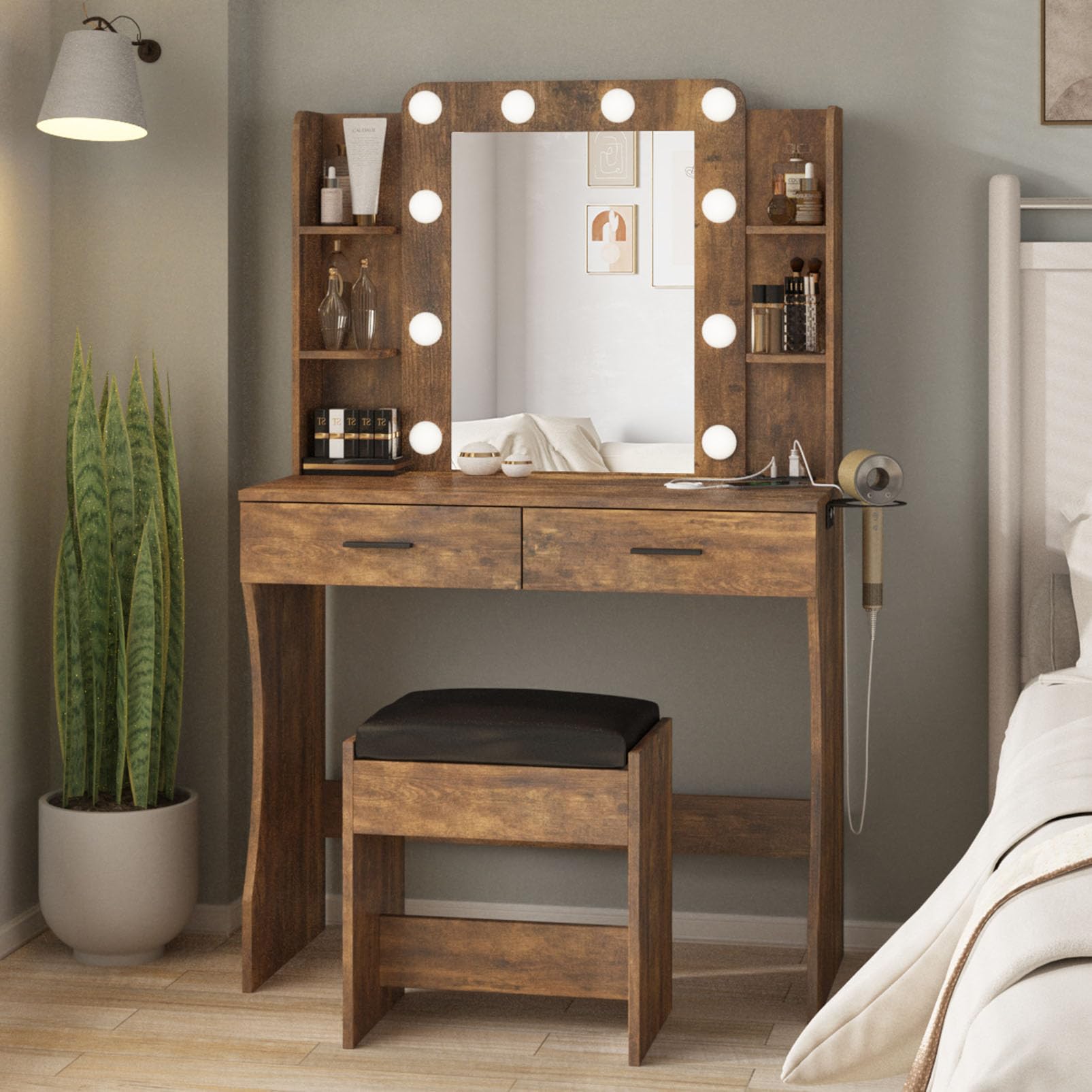Vanity Desk with LED Lights & Power Strip, Makeup Dressing Table Set with 2 Large Drawers & Adjustable 3-Color Mirror, Rustic Brown - Perfect for Bedroom, Home Salon & Beauty Room Organization