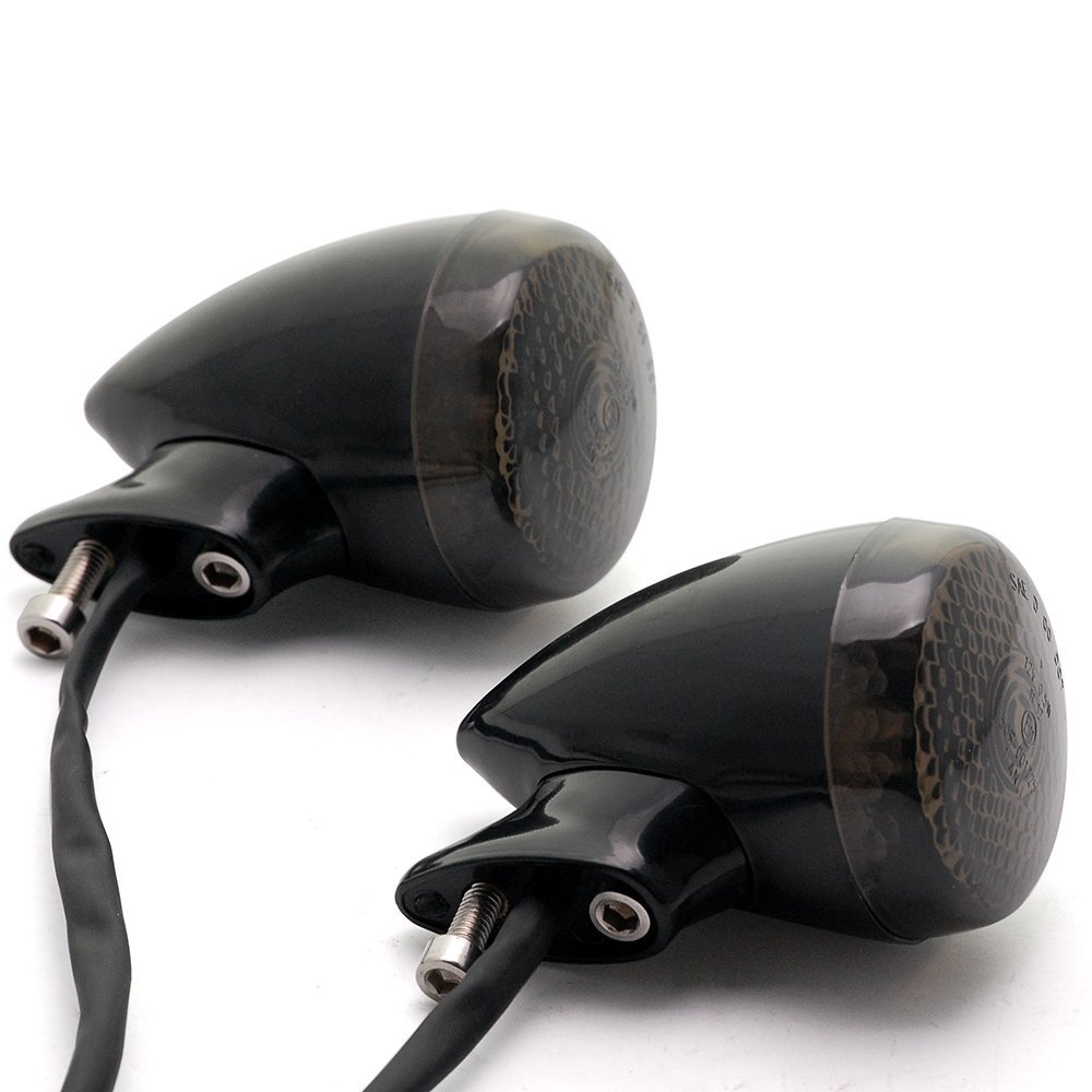 2pcs Black LED Motorcycle Turn Signals with Smoke Lens - Mini Bullet Blinkers Compatible with Honda, Suzuki, Kawasaki, Yamaha & Harley - Perfect for Night Riding and Custom Bike Builds