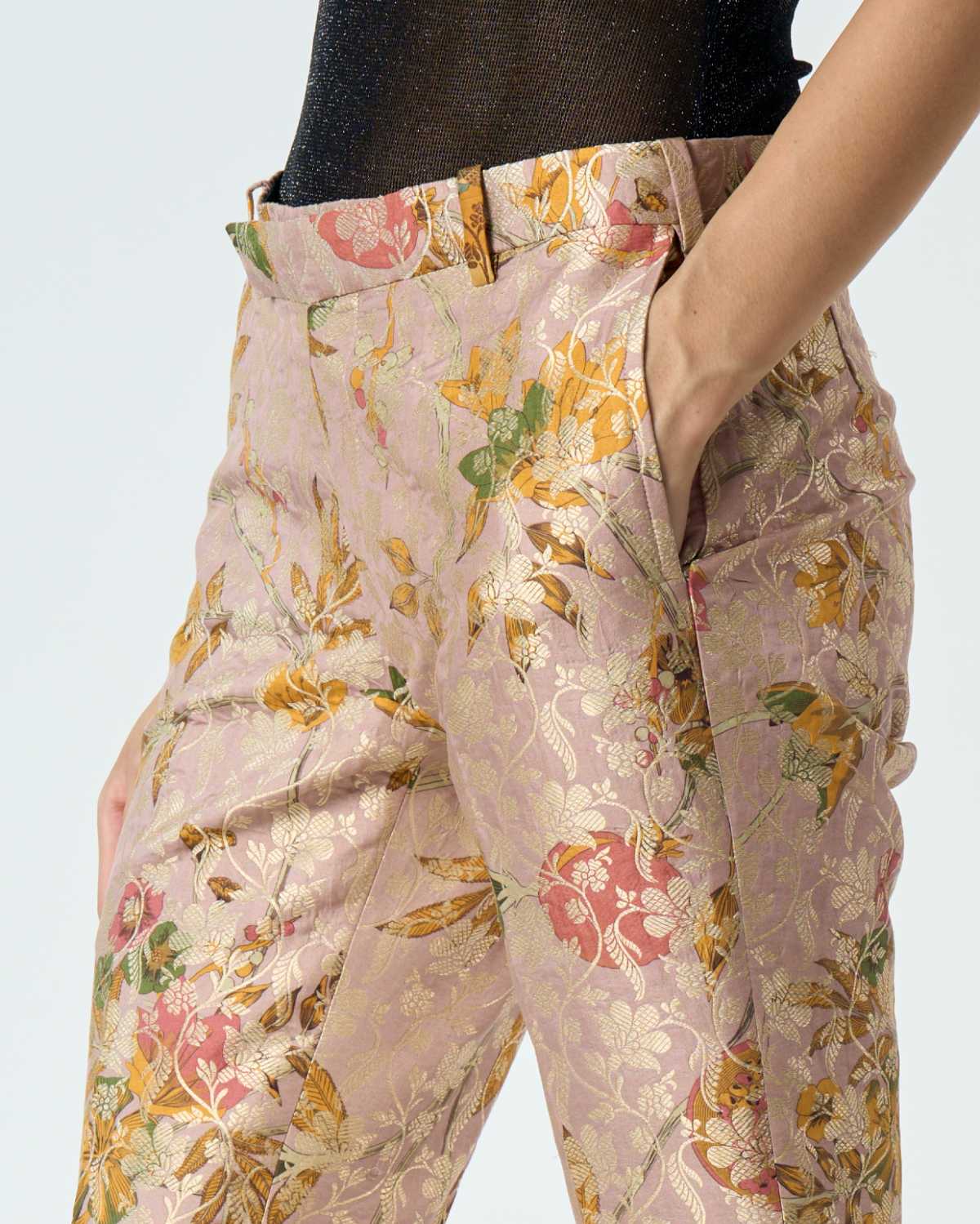Elegant Champagne Pink Silk Brocade Classic Trousers for Women - Perfect for Weddings, Parties & Formal Occasions
