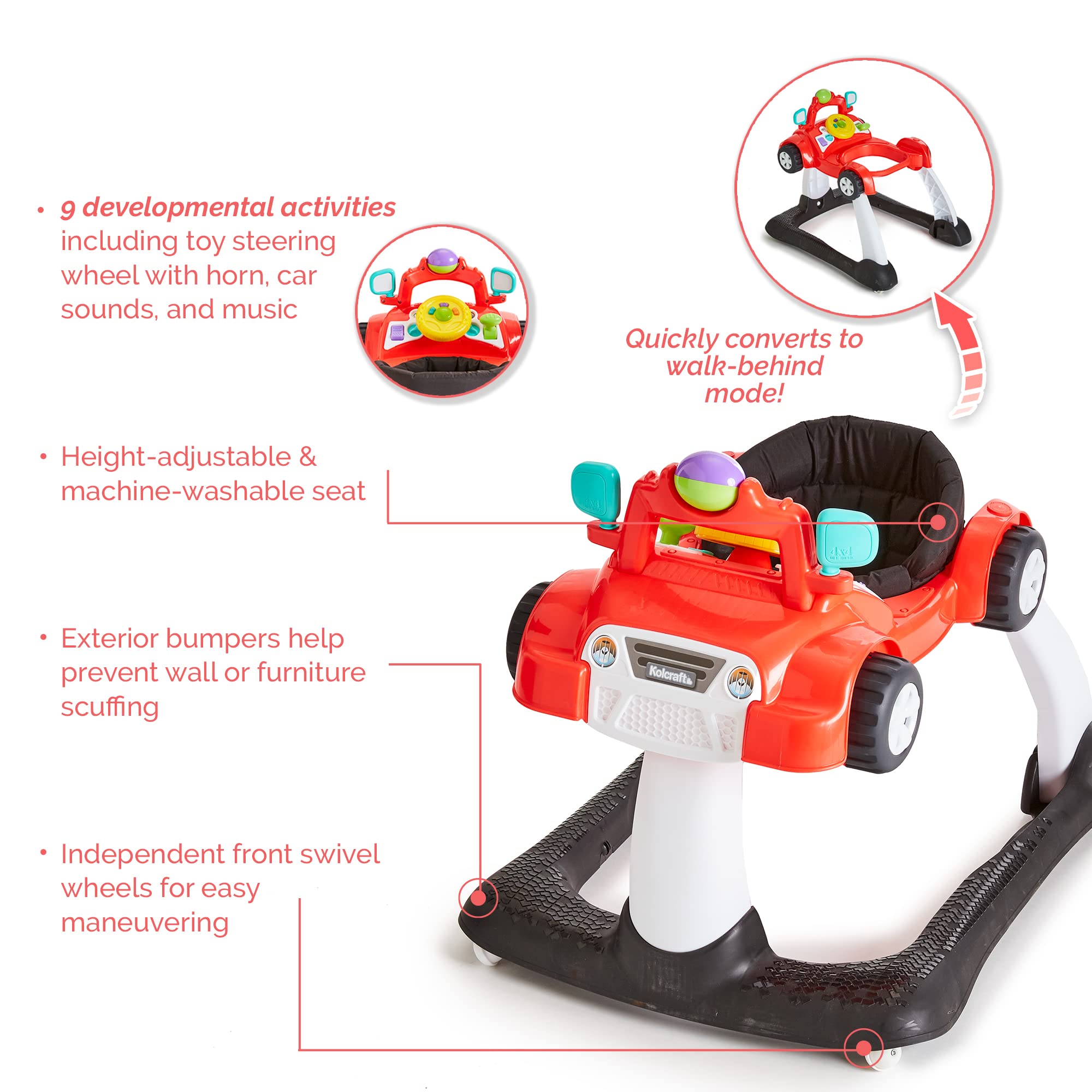 Kolcraft 4x4 2-in-1 Baby Activity Push Walker with Steering Wheel, Lights & Sounds - Interactive Learning Toy for Infants 6-18 Months (Racer Red) | Perfect for Early Walking Development & Indoor Playtime