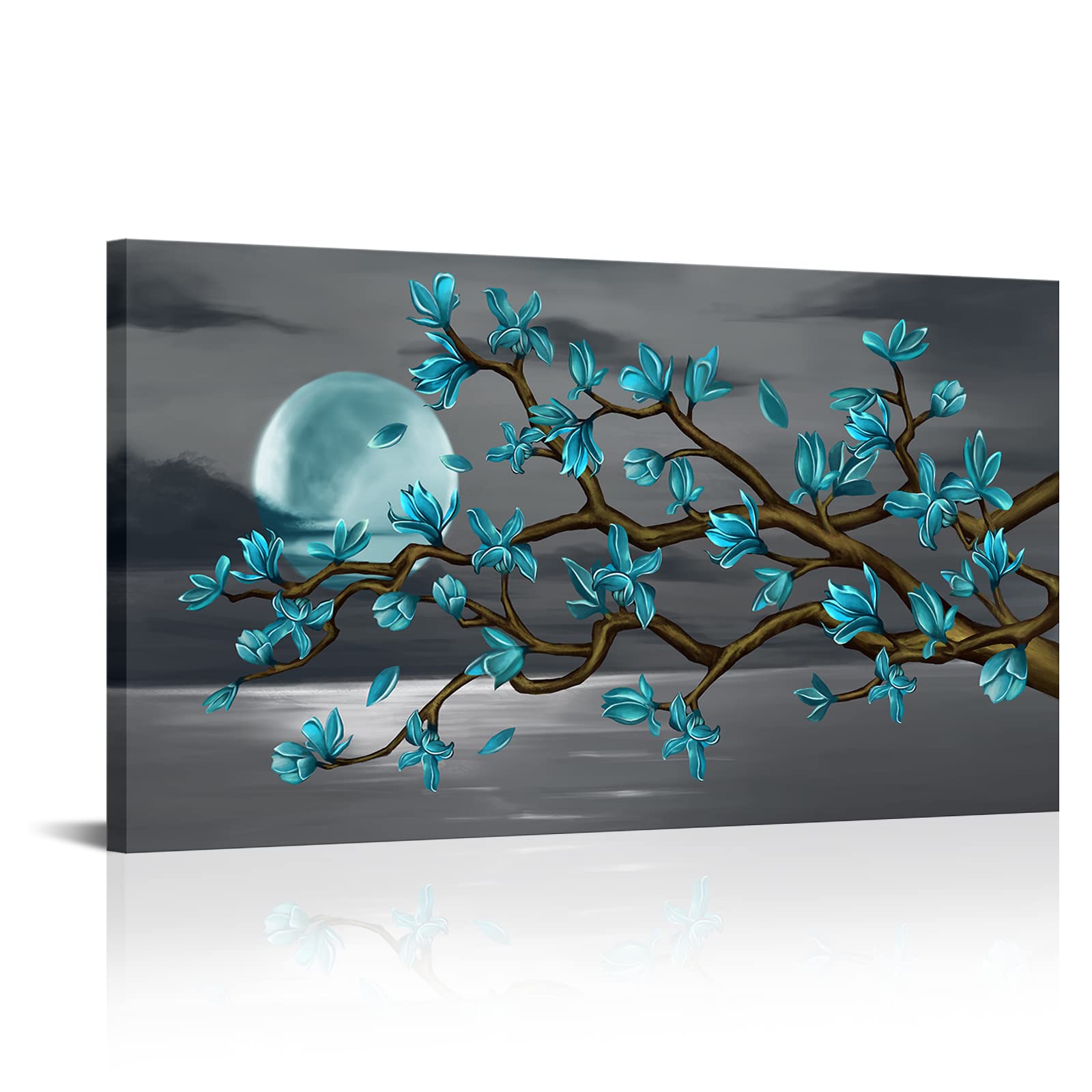 Turquoise Magnolia Blossom & Full Moon Canvas Wall Art - Framed Floral Painting (20x36 inches) for Bedroom & Living Room Decor | Modern Home & Office Wall Decor
