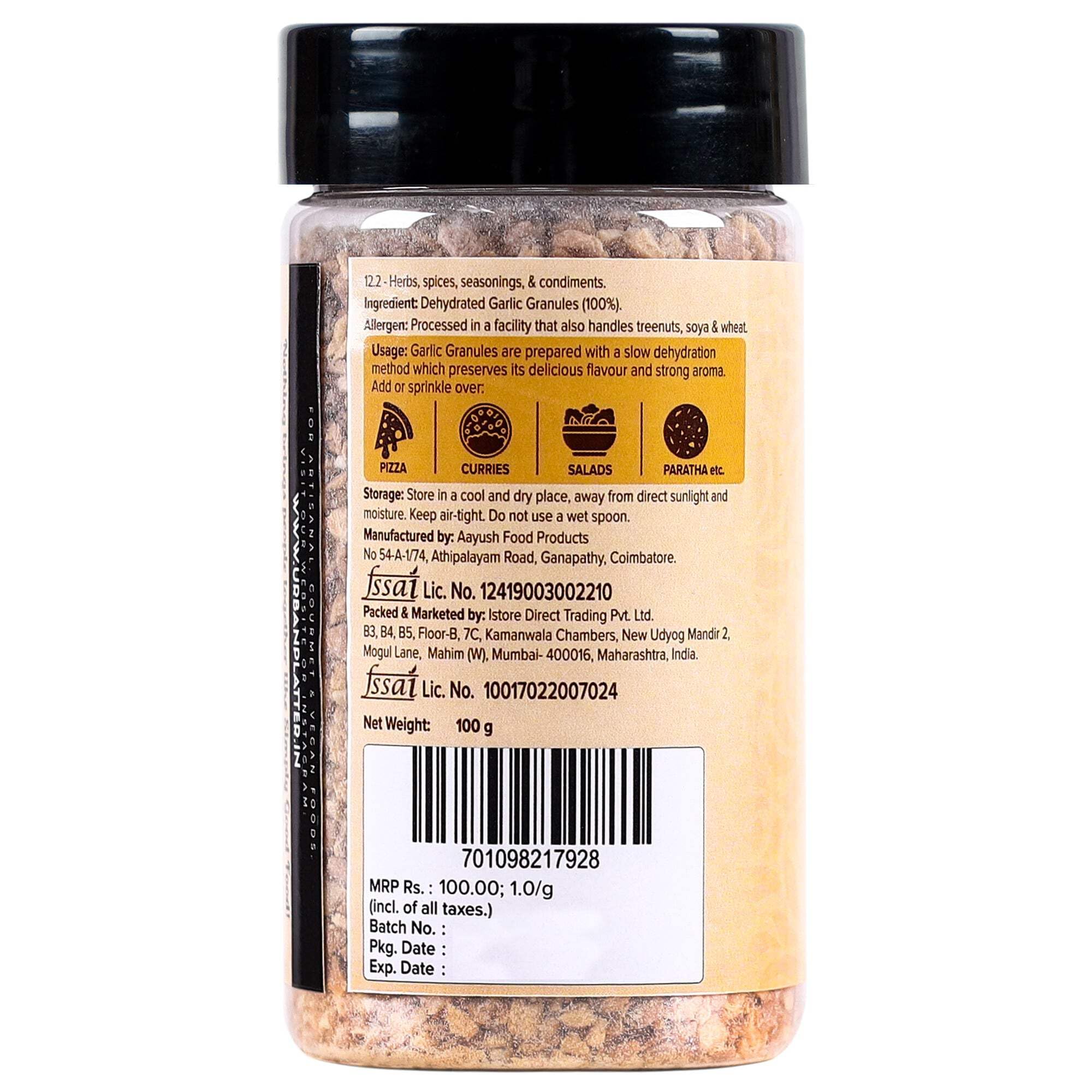 Urban Platter Dehydrated Garlic Granules 3.5oz (100g) - All-Natural Seasoning for Cooking, Baking & Meal Prep | Perfect for Pasta, Pizza, Soups & More | Resealable Shaker Jar