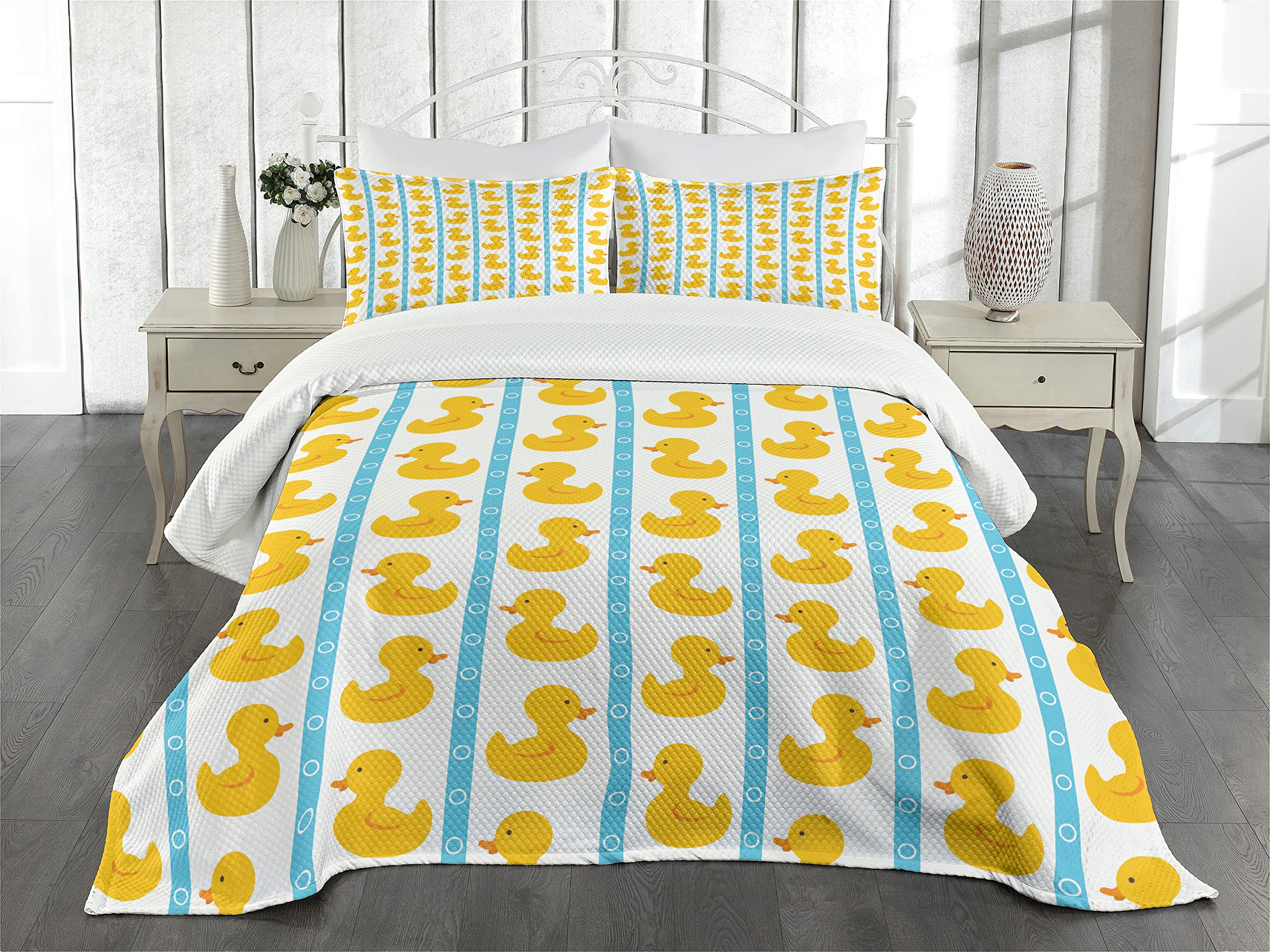 Ambesonne Rubber Duck Bedspread Set - Duckies on Stripes & Small Circles Playful Print, 3-Piece Decorative Bedding Coverlet with 2 Pillow Shams, King Size White | Kids Room Decor, Nursery, Bathroom Themed Bedding for Whimsical Home Styling