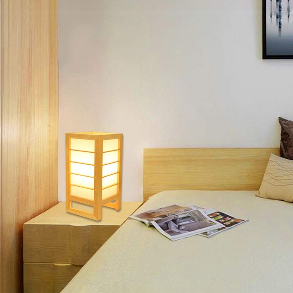 Modern Pine Wood Table Lamp - Simple Creative Wooden Bedside Lamp with Warm LED Bulb for Bedroom, Living Room & Tatami Decor - Natural Wood Frame Lighting