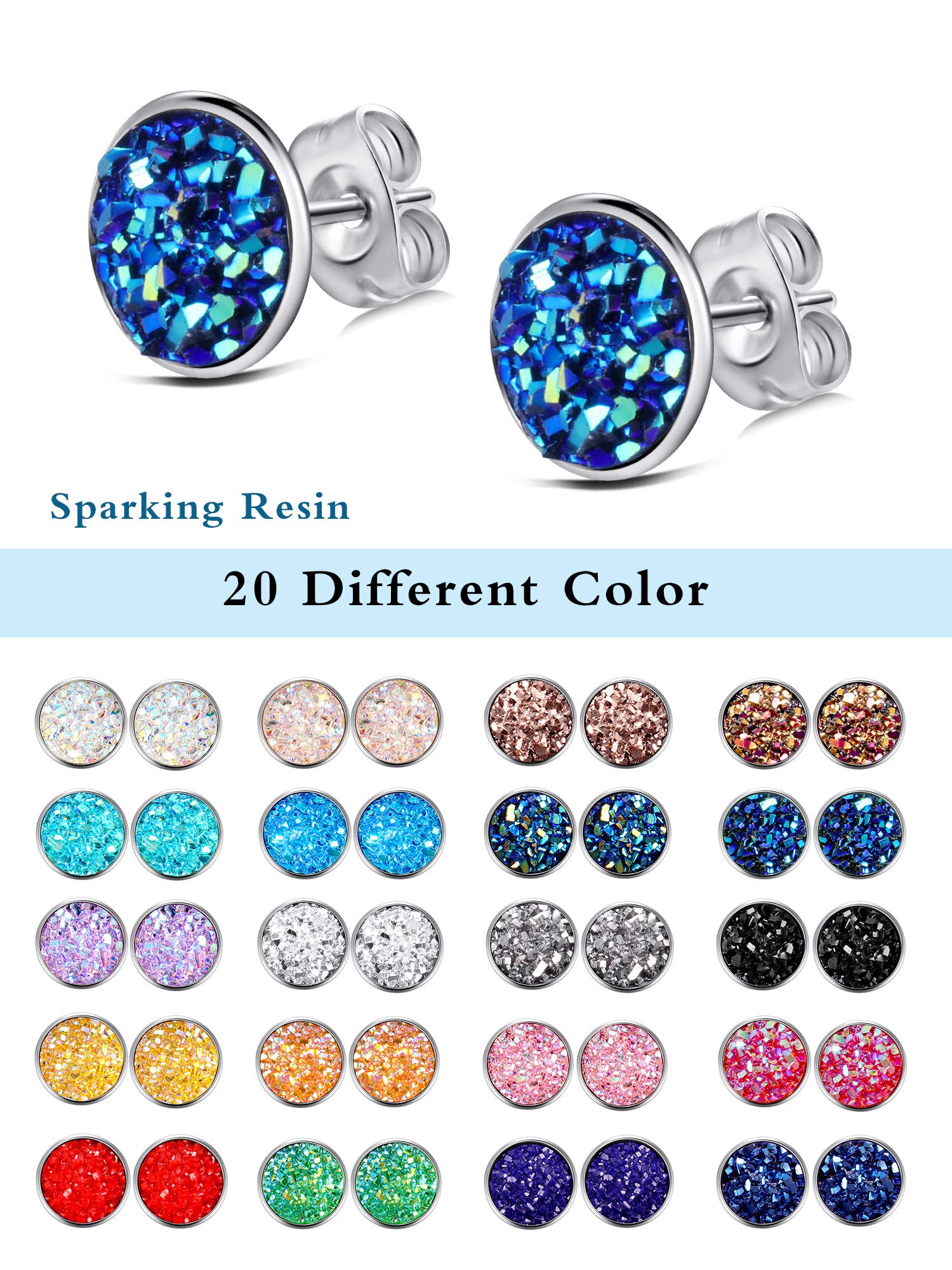20 Pairs Round Stud Earrings for Women & Men - Stainless Steel Druzy Stud Earrings Set - Hypoallergenic & Anti-Sensitive - Perfect for Birthday Parties, Gifts & Everyday Wear