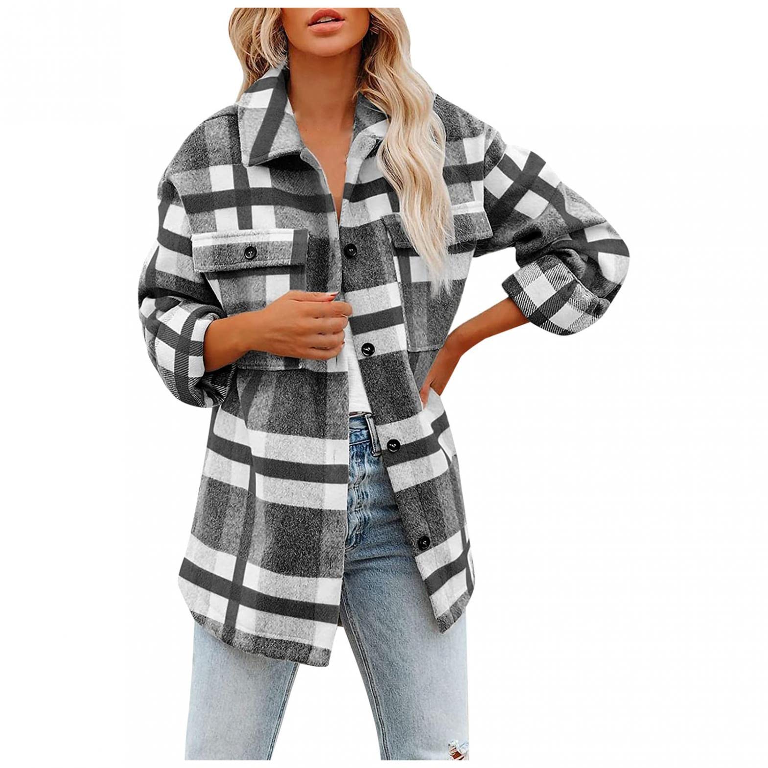 Red Flannel Plaid Shacket Jacket for Women - Plus Size Long Sleeve Button Down Top | Cozy Fall & Winter Layering, Outdoor Camping, Casual Streetwear