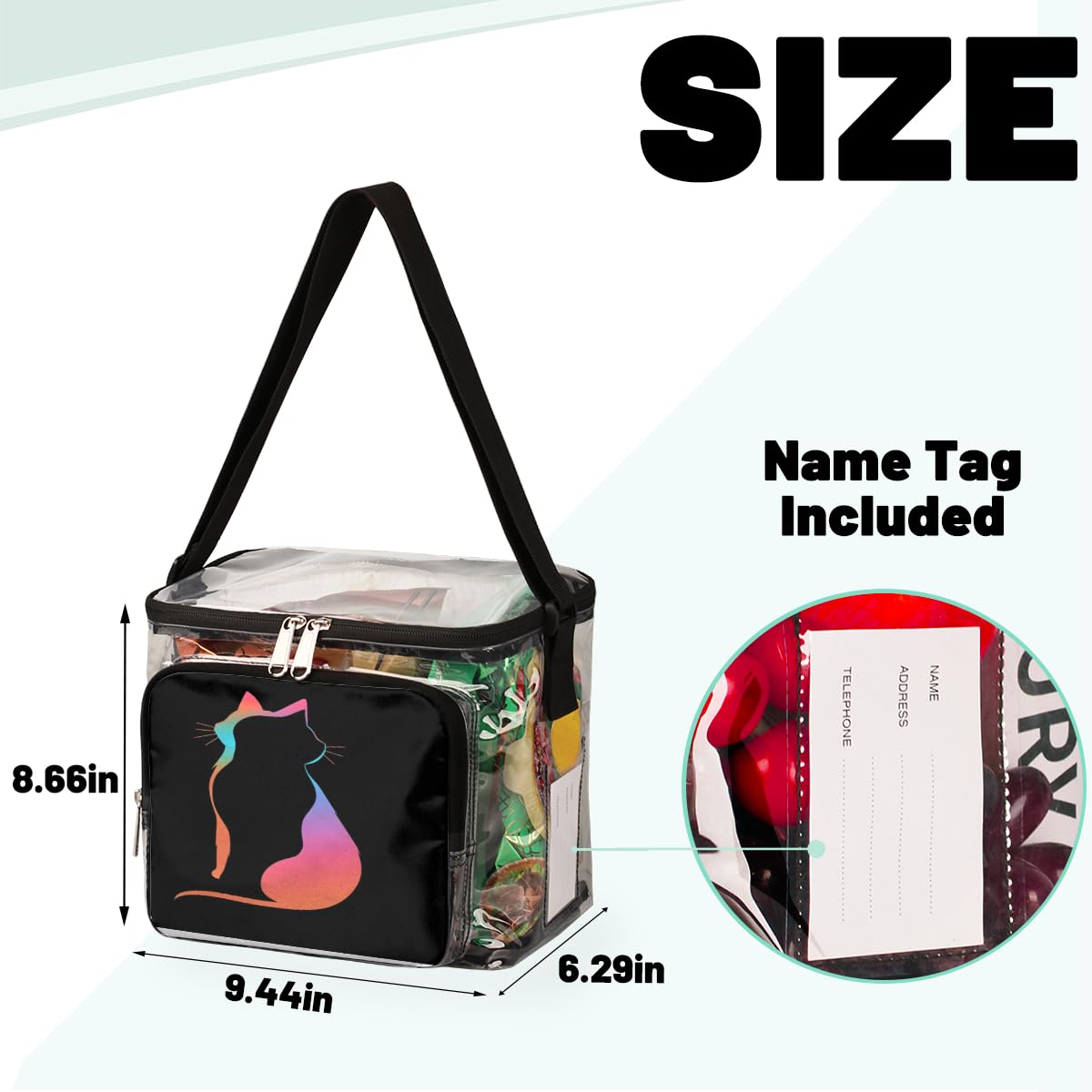 GzLeyigou Black Cat Silhouette Clear Tote Bag with Handles - Transparent Crossbody Shoulder Bag for Lunch, Outdoor, Travel, Picnic, Concerts & Sports Events | Stadium Approved Clear Purse for Women, Perfect for Beach, Shopping and Music Festivals