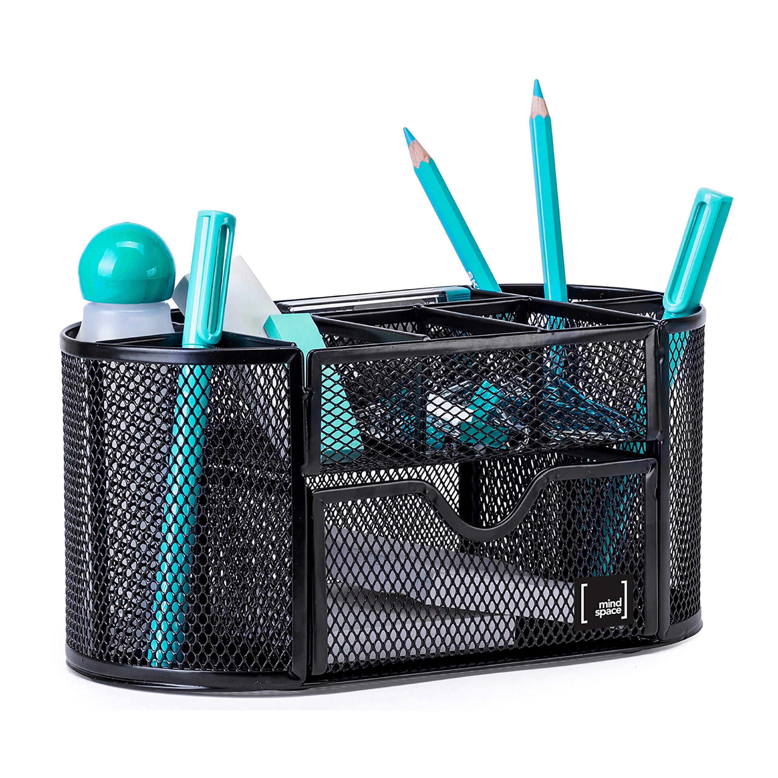 Mindspace Mesh Office Desk Organizer with 8 Compartments & Drawer | Black Desk Caddy for Pens, Pencils, and Office Supplies | Perfect for Home Office, School, or Workspace Organization