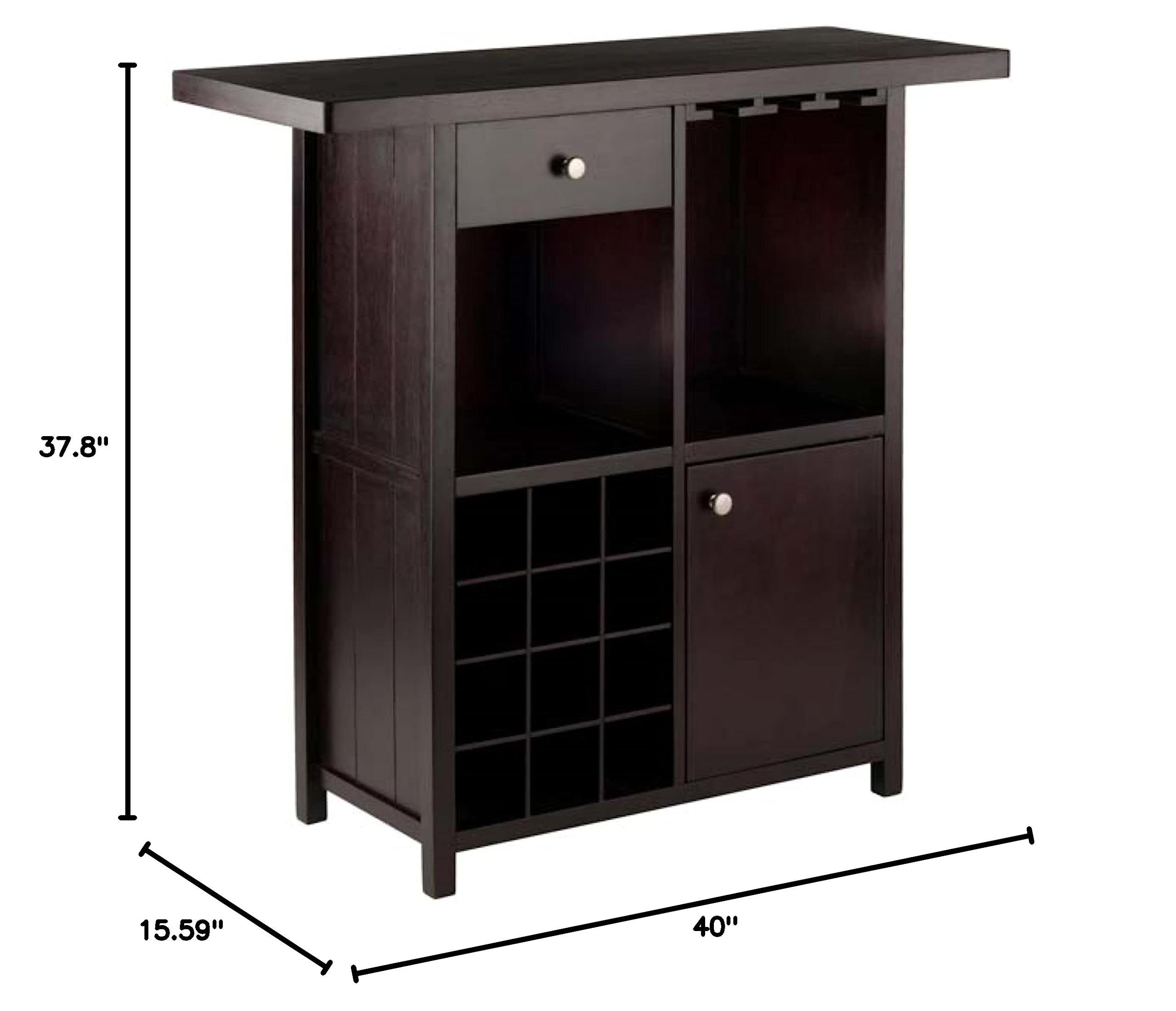Premium Macon Wine Bar with Espresso Finish - 12 Bottle Capacity, Open Shelves & Cabinet Storage, Stemware Holder - Solid Wood Construction, Easy Assembly - 40
