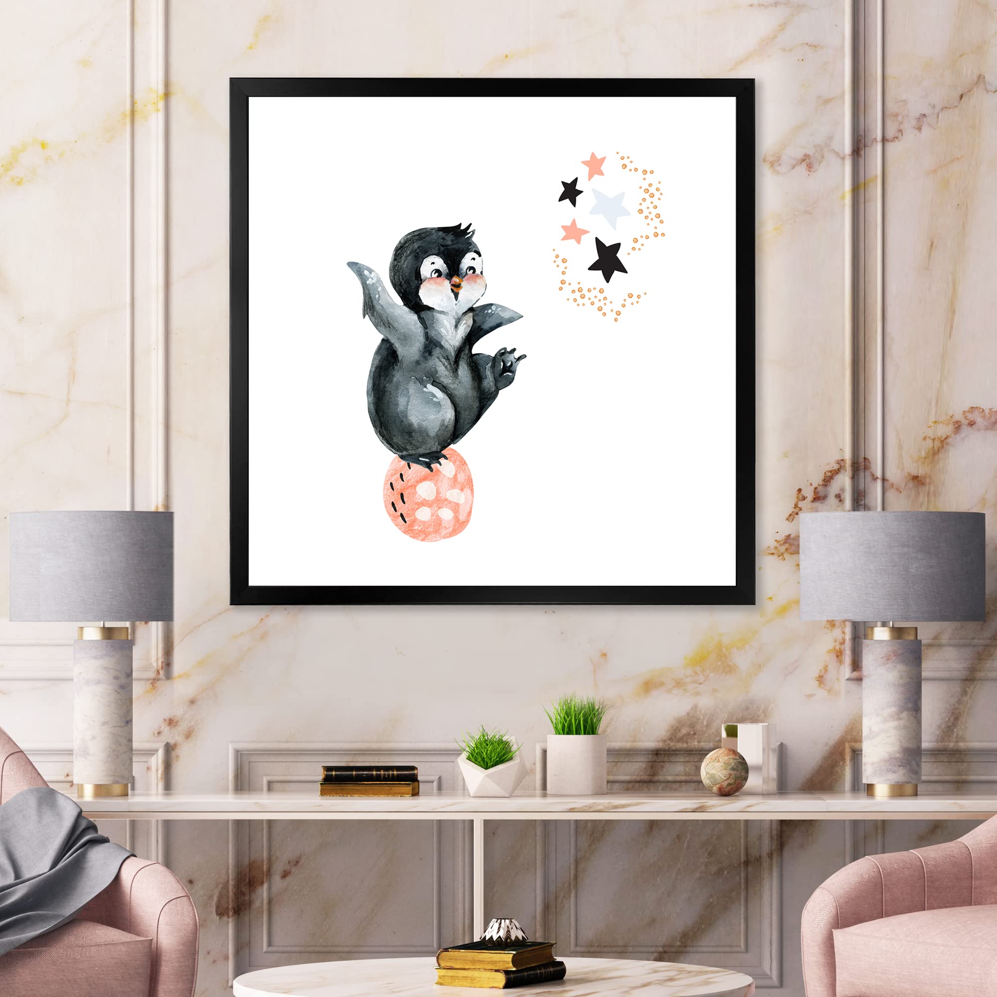 DesignQ Little Penguin with Stars and Planets II - Farmhouse Framed Wall Art Decor for Living Room, Nursery & Bedroom - Cute Animal Painting for Home & Office