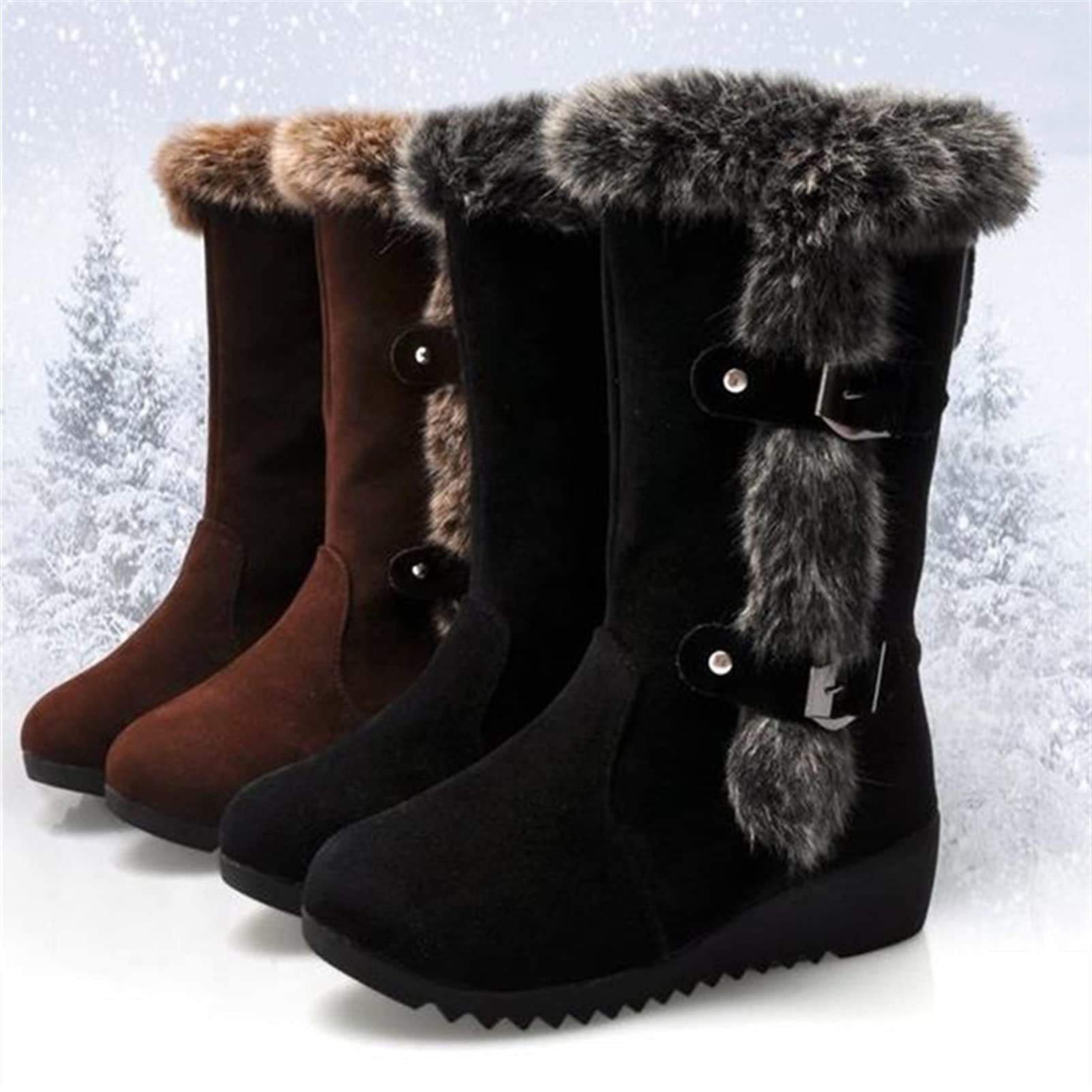 Women's Winter Boots - Warm Fur Lined Mid Calf Snow Boots Slip On Round Toe Wedge Heel Casual Shoes - Size 8 Black - Perfect for Snowy Days, Outdoor Activities & Winter Fashion