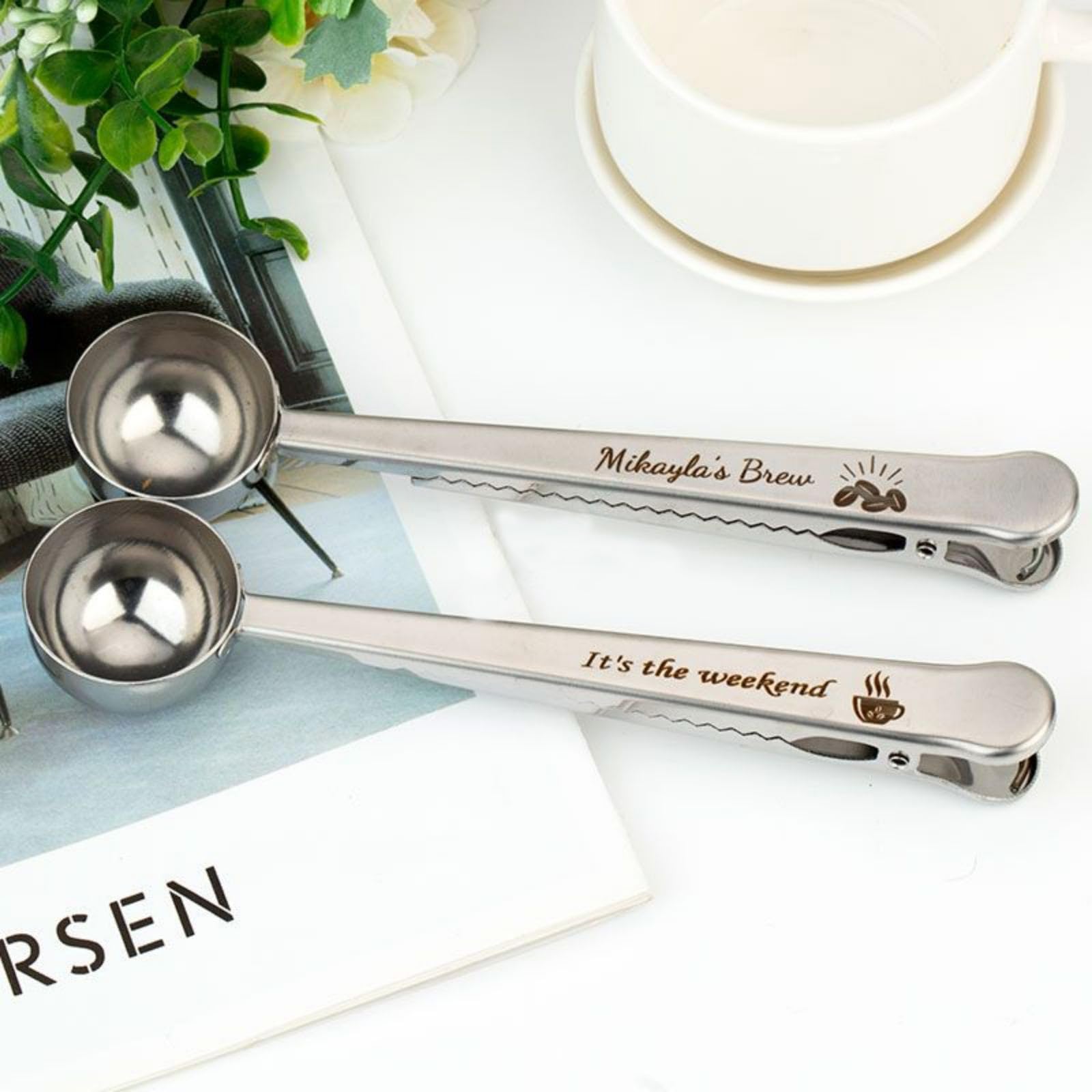 Custom Engraved Coffee Scoop with Clip - Personalized Coffee Measuring Spoon for Kitchen & Travel - Perfect for Home Baristas, Camping & Gifts