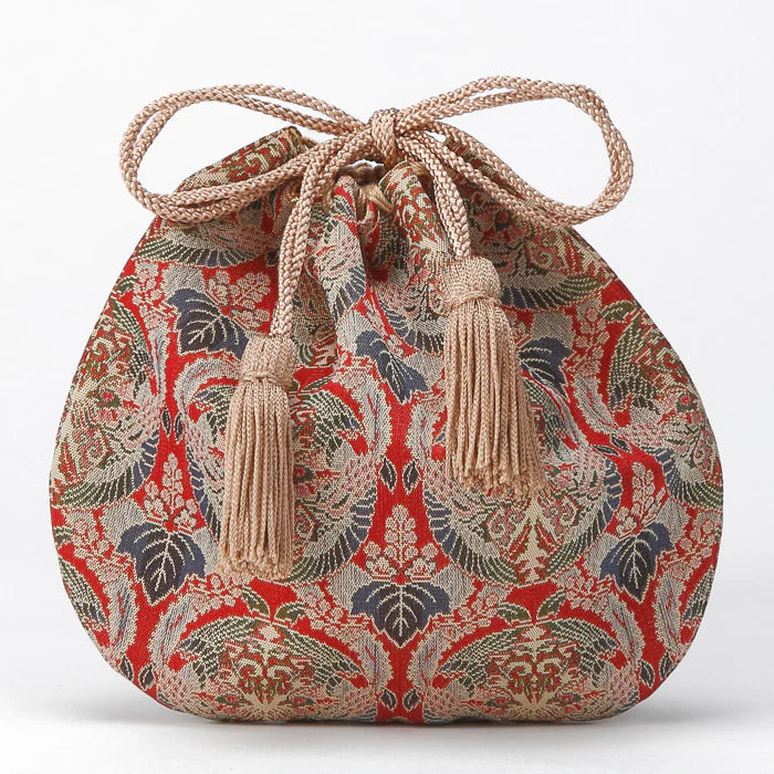Nishijin Woven Small Drawstring Bag - Floral & Phoenix Design in Red | Authentic Japanese Traditional Craft Purse from Kyoto | Perfect for Gift, Cosplay & Cultural Events