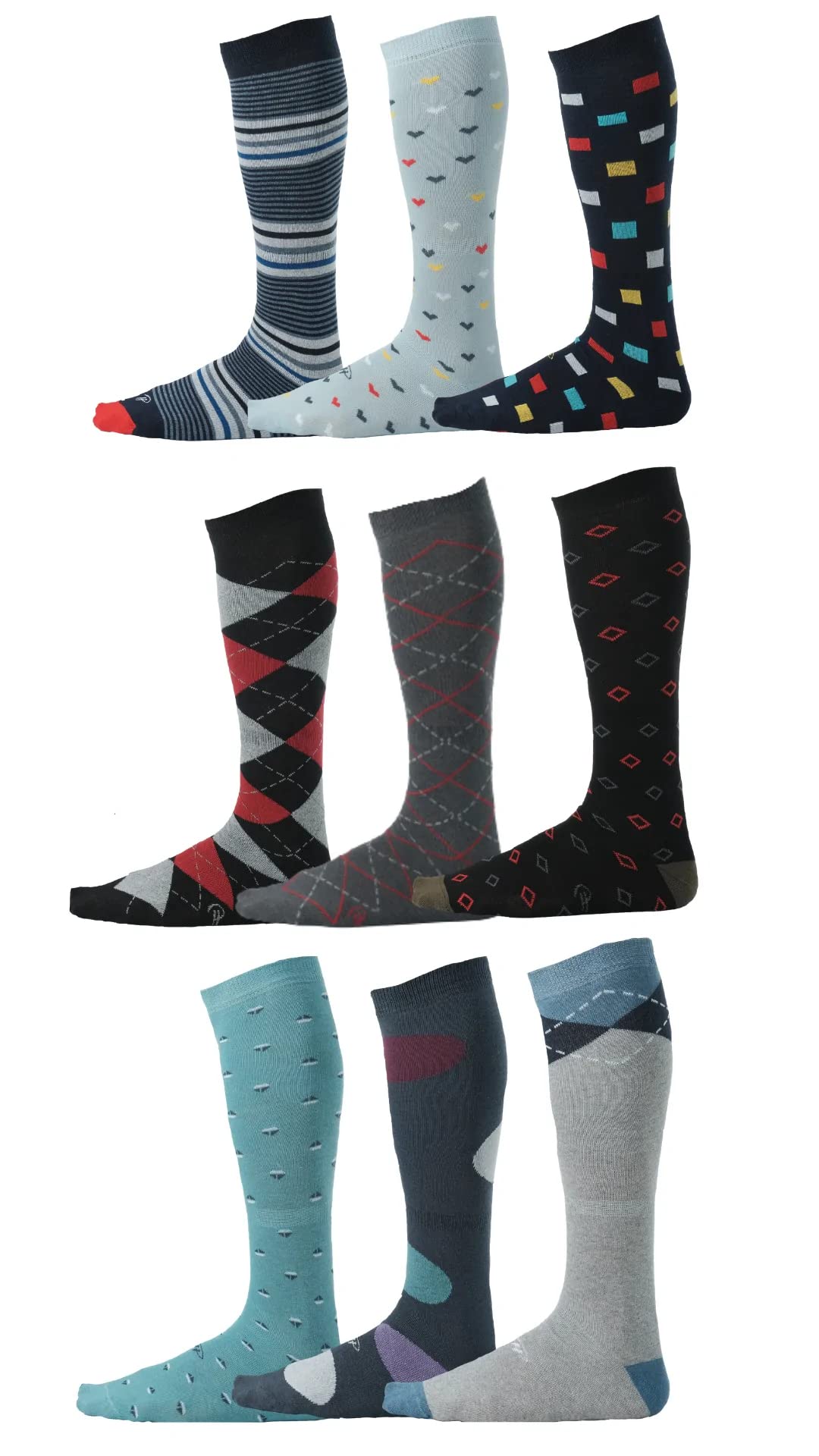 Pierre Henry Men's Over the Calf Dress Socks - 9 Pairs Pack Colorful Funky Cotton Socks for Business & Casual Wear - Perfect for Office, Parties & Formal Events