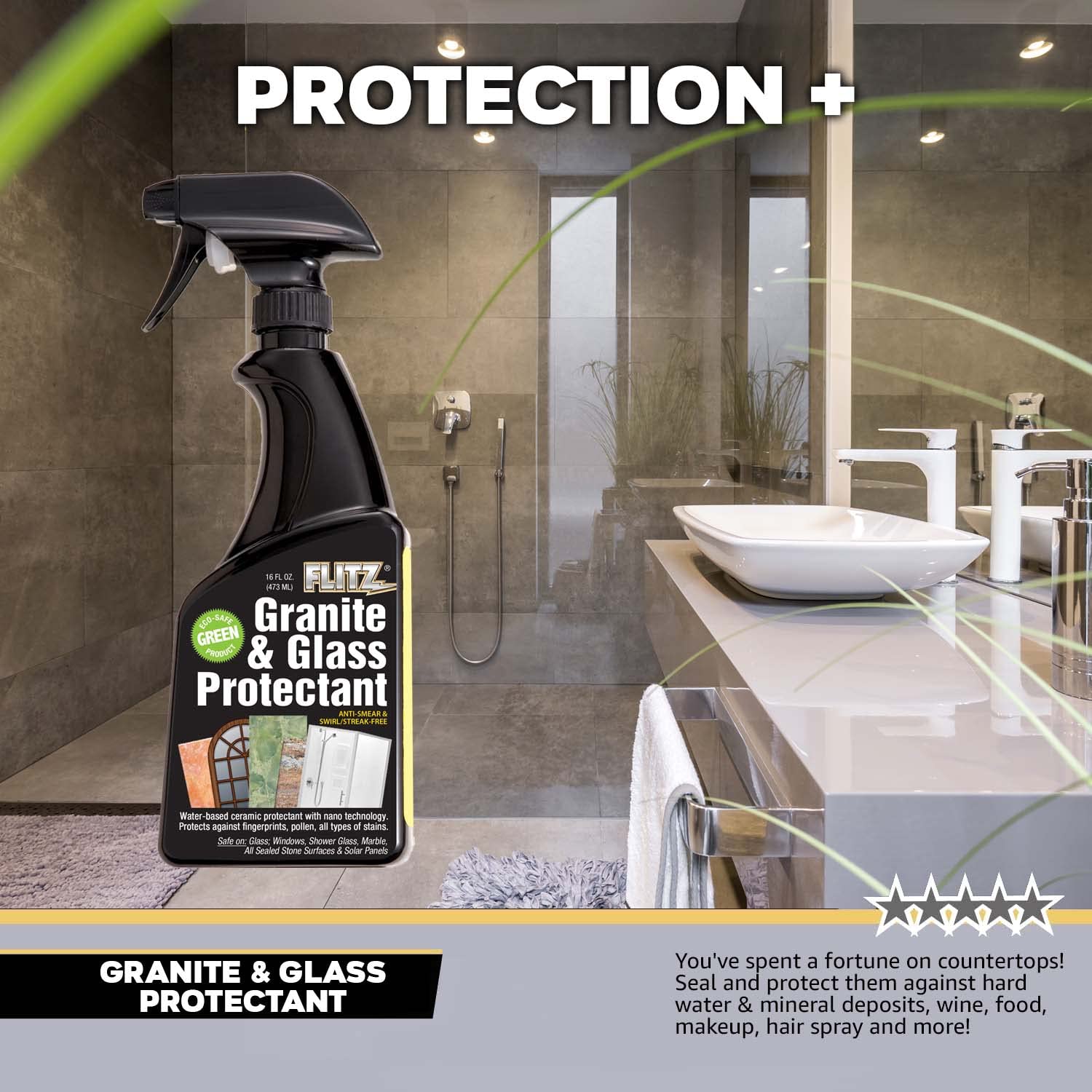 Flitz Granite & Glass Protectant - Advanced Ceramic Sealer for Countertops, Glass, Stainless Steel Appliances - 16 oz Water-Based Formula - Protects Against Fingerprints, Stains & Scratches - Perfect for Kitchen Countertops, Bathroom Vanities & Outdoor Furniture