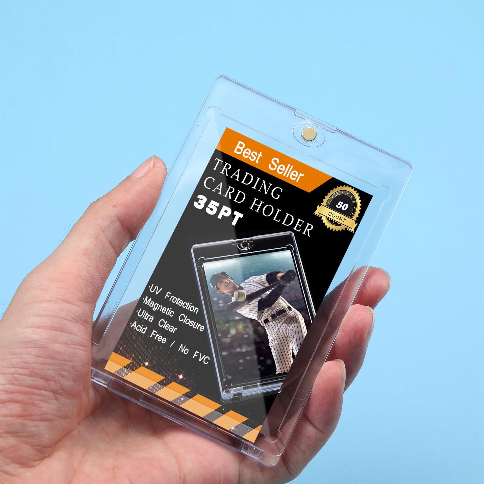 50-Pack Magnetic Card Holders for Trading Cards - 35 Pt Hard Plastic Protector Cases for Standard Size Baseball, Football & Sports Cards - Perfect for Collecting, Storing & Displaying Valuable Cards (Home, Office, Game Room Use)