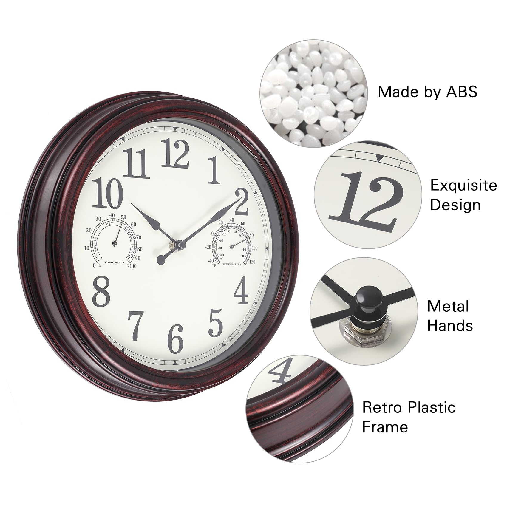 12 Inch Outdoor Wall Clock with Temperature & Humidity - Waterproof Plastic Patio Clock for Garden, Backyard & Porch - Weather Resistant Dark Brown Wall Clock for Outdoor Decor & Home Use
