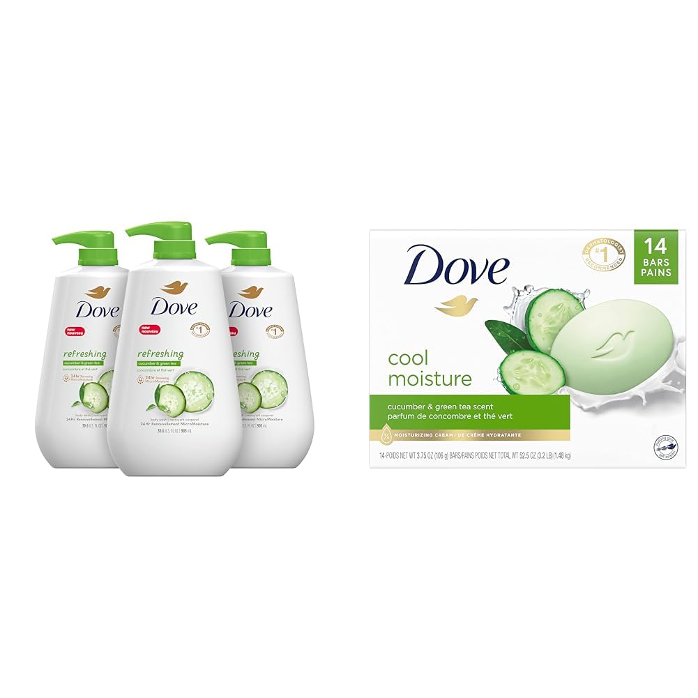Dove Cucumber & Green Tea Body Wash with Pump - 30.6 Fl Oz (Pack of 3) + Beauty Bar Soap 3.75 Oz (14 Bars) - Refreshing Shower Set for Daily Hydration & Relaxation