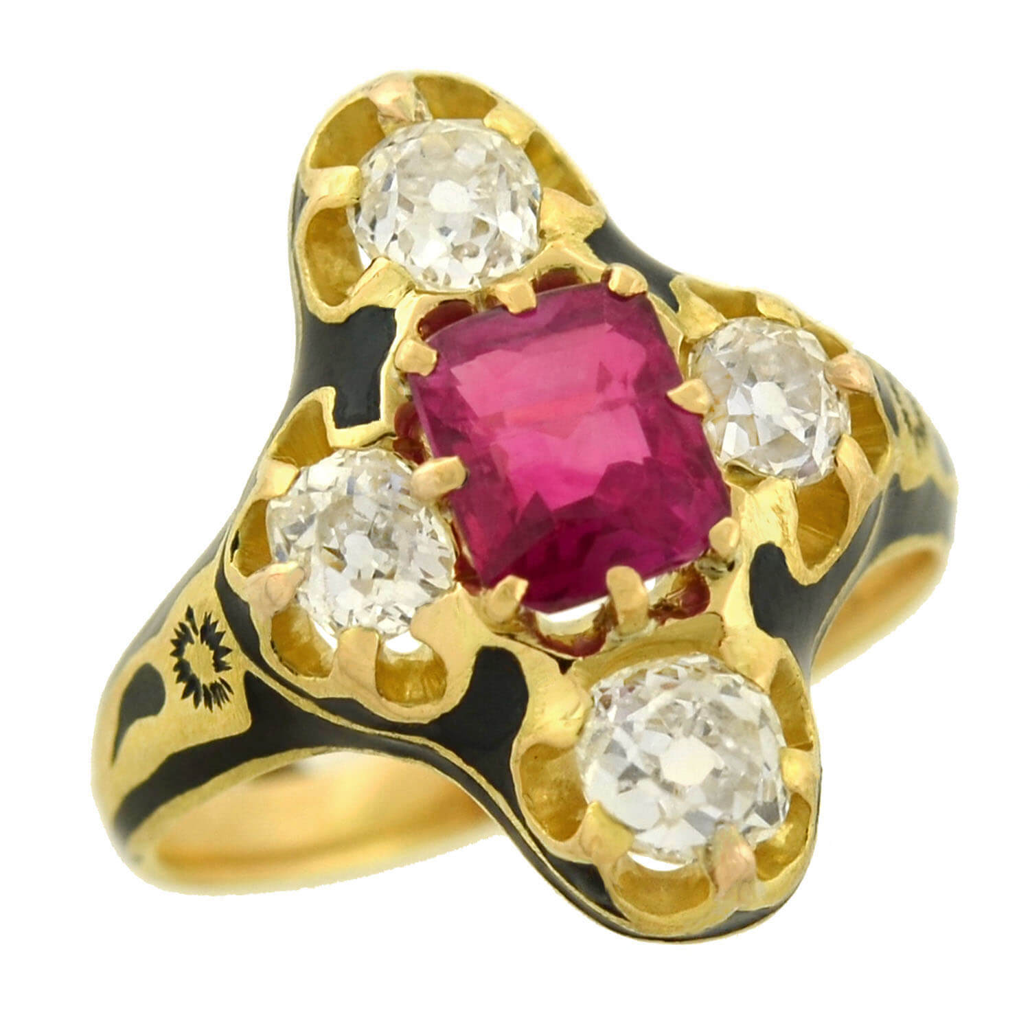 18kt Gold Victorian Style Natural Burma Ruby & Diamond Enamel Ring for Women – Perfect for Weddings, Anniversaries & Special Occasions