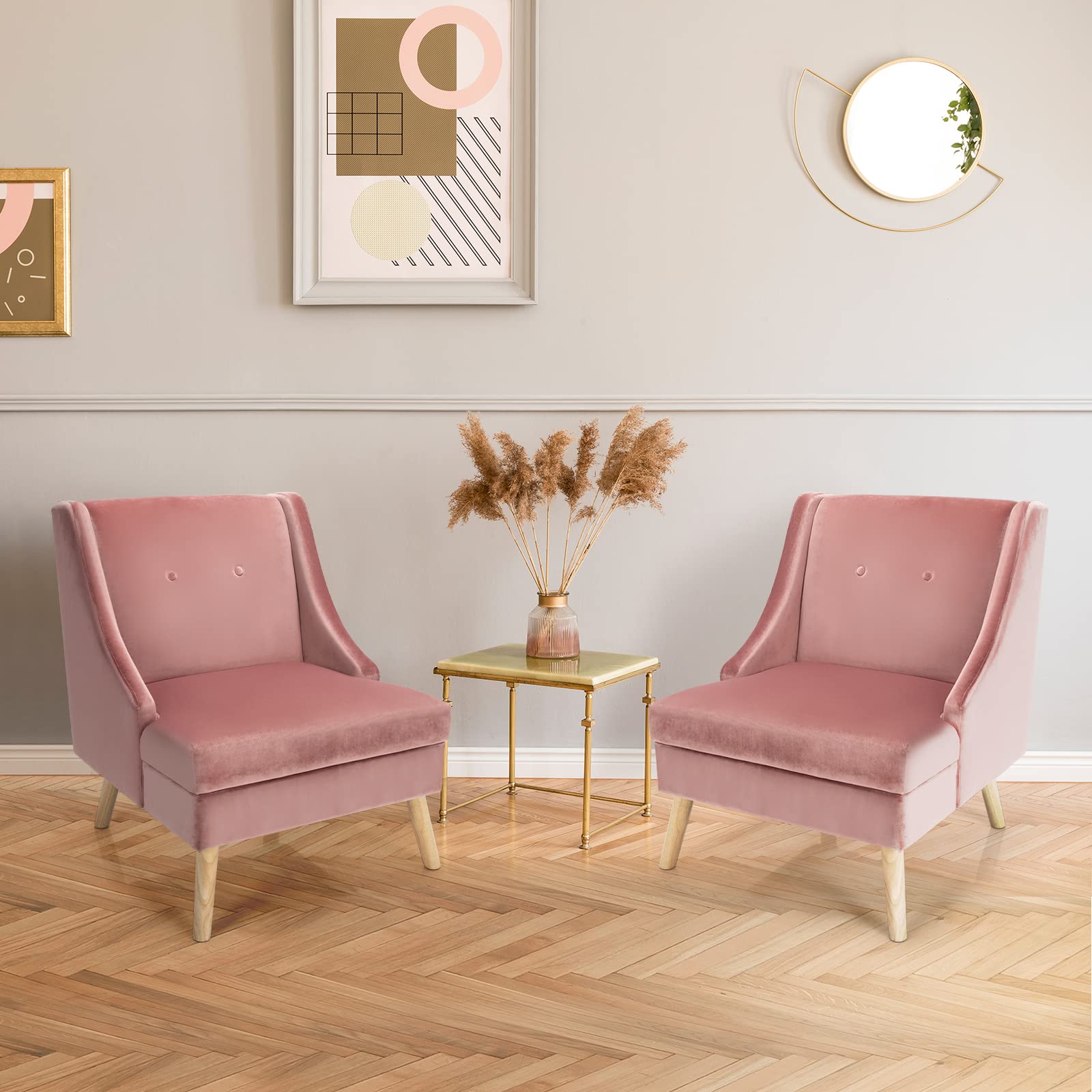 Velvet Accent Chairs Set of 2 - Upholstered Armchairs with Rubber Wood Legs, Button Tufted Club Chairs for Living Room, Bedroom, Reading Nook - Soft Pink Velvet Sofa Chairs for Home Decor & Relaxation