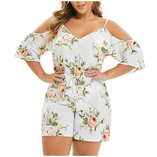 Women's Blue Floral Cold Shoulder V-Neck Jumpsuit Romper - Plus Size Fashion Bodysuit for Casual Wear, Summer Outfits & Party Occasions