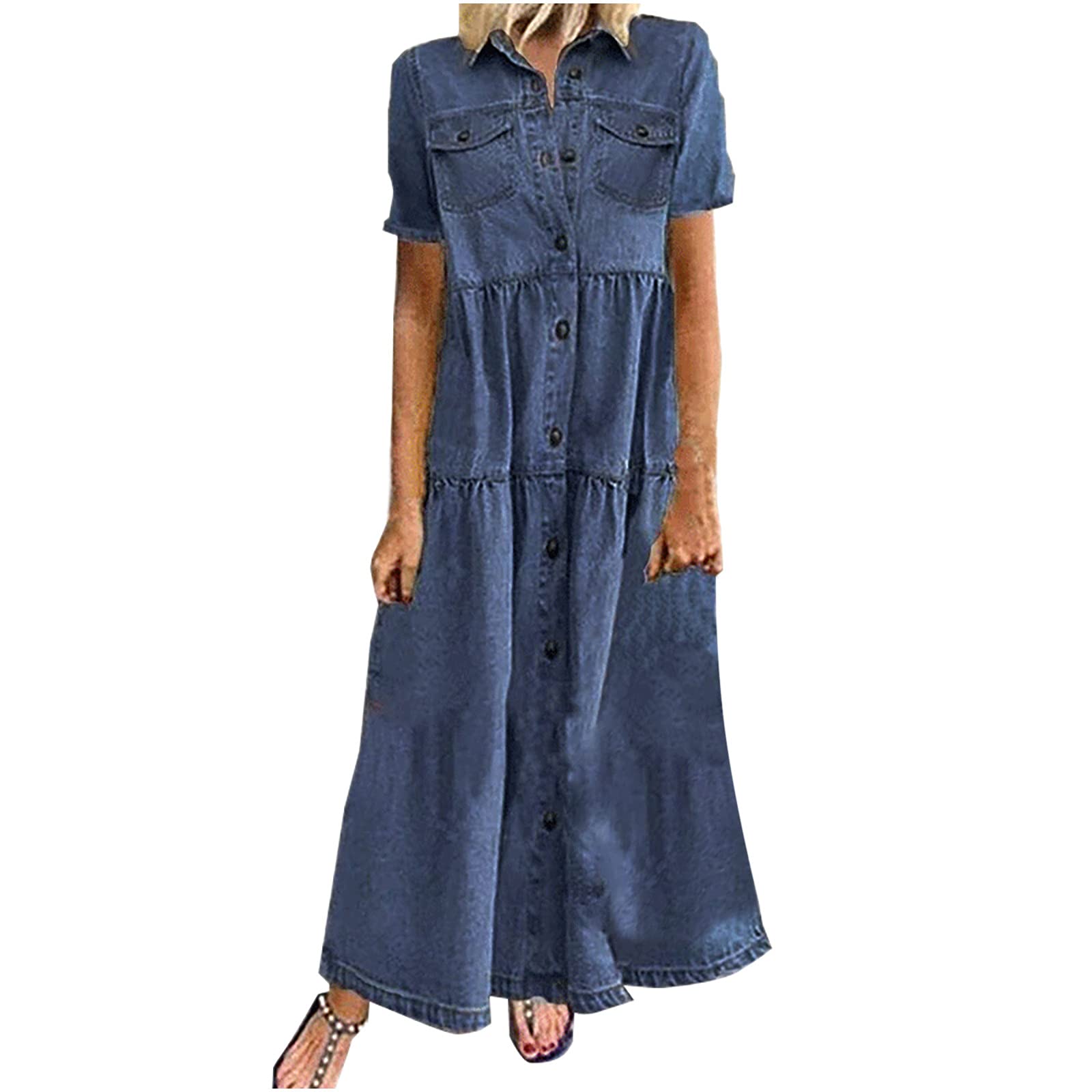 Vintage Women's Blue Denim Shirt Dress - Short Sleeve Button Up Jean Shift Dress for Casual Outings, Summer Wear & Boho Style Fashion