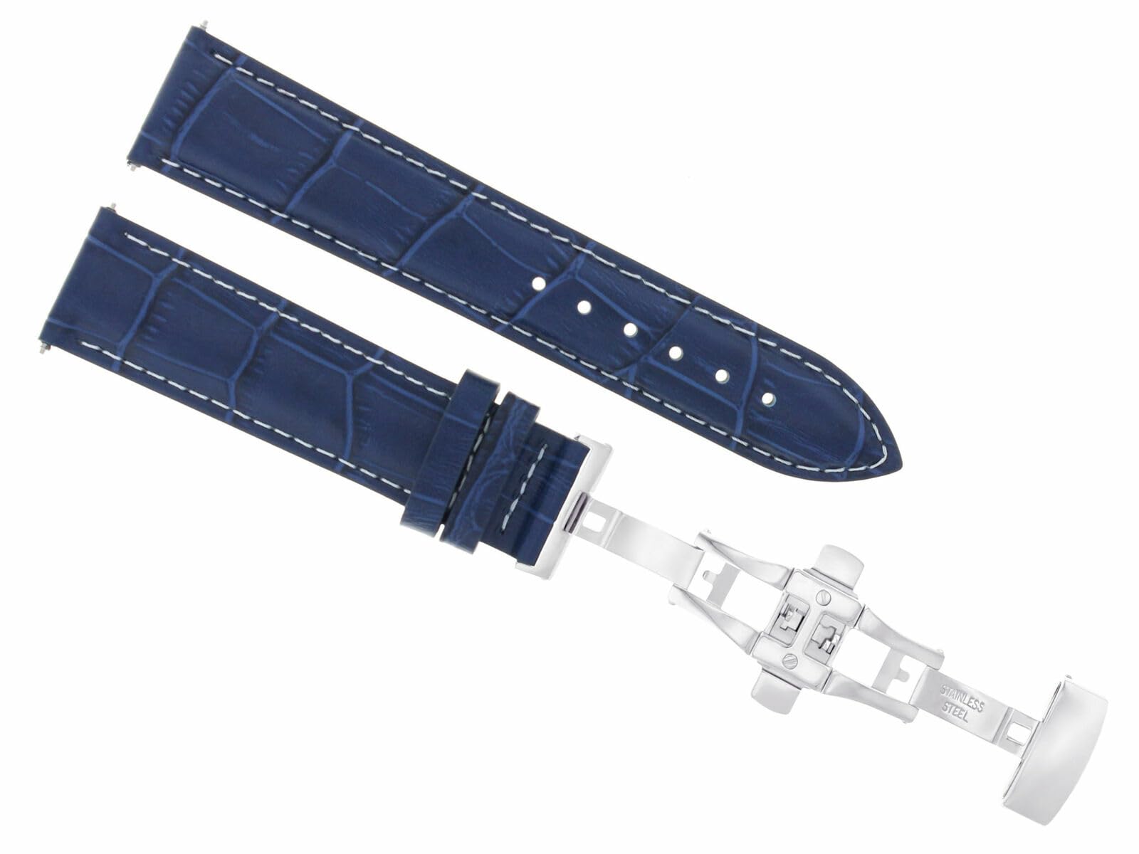 20mm Genuine Leather Watch Band Strap - Compatible with Rolex Submariner, Deployment Clasp, Blue with White Stitching - Perfect for Business, Casual & Dress Watches