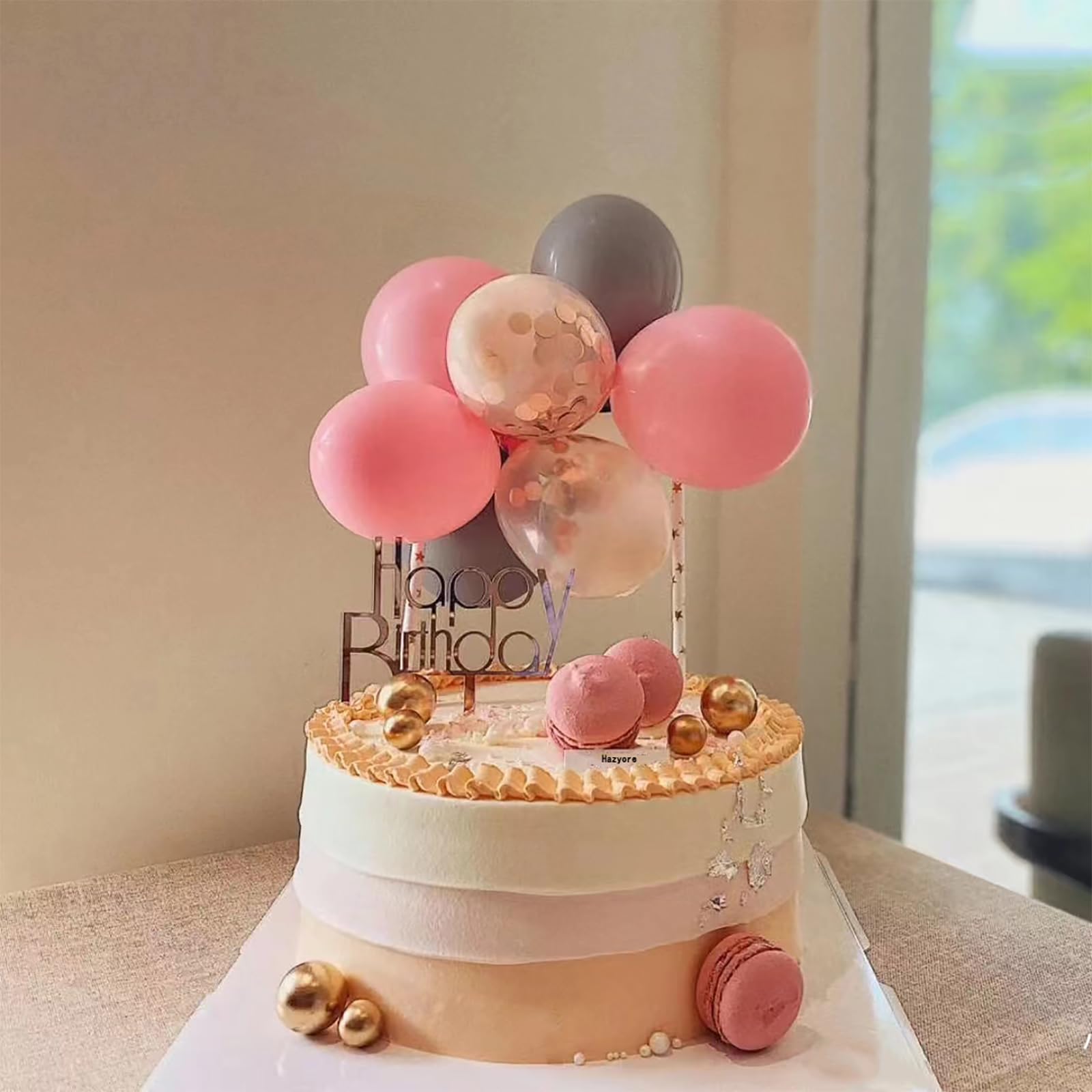14PCS Pink Balloons Cake Toppers Set with Happy Birthday Cards & Confetti - Party Balloon Decorations for Birthday Cakes, Baby Showers & Anniversary Celebrations