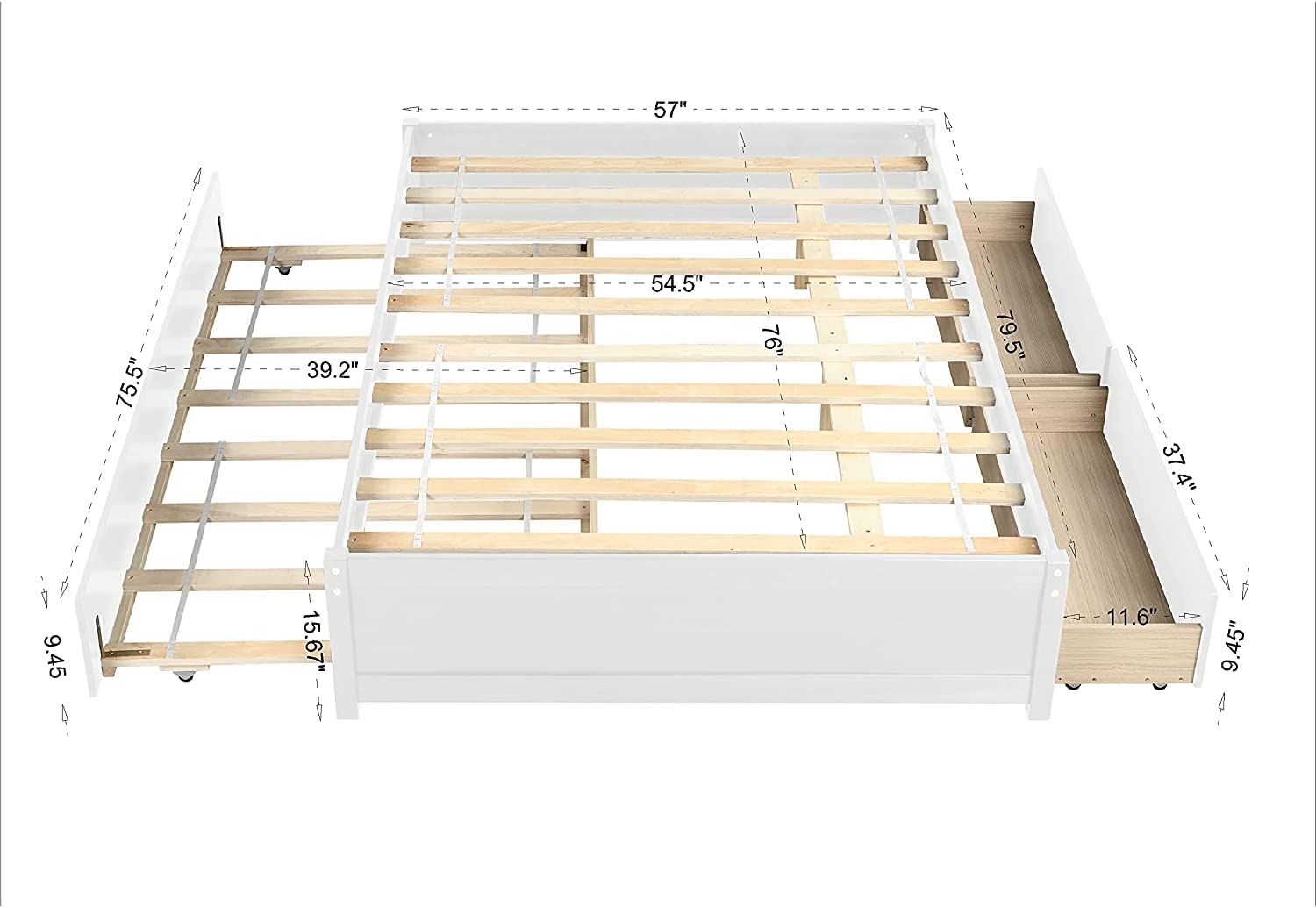 Rophefx Solid Wood Full Size Platform Bed with Twin Trundle & 2 Drawers - Kids Bedroom Furniture for Small Spaces, Guest Room & Sleepovers (White)