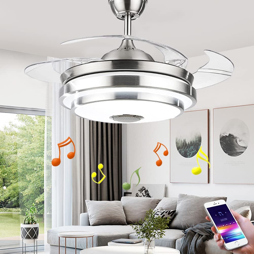 42'' Modern Silver Retractable Ceiling Fan with Light & Bluetooth Speaker - Remote Control, 3 Speed Settings, 3 Color Changing LED Lights, Silent Motor - Perfect for Living Room, Bedroom, and Outdoor Patio