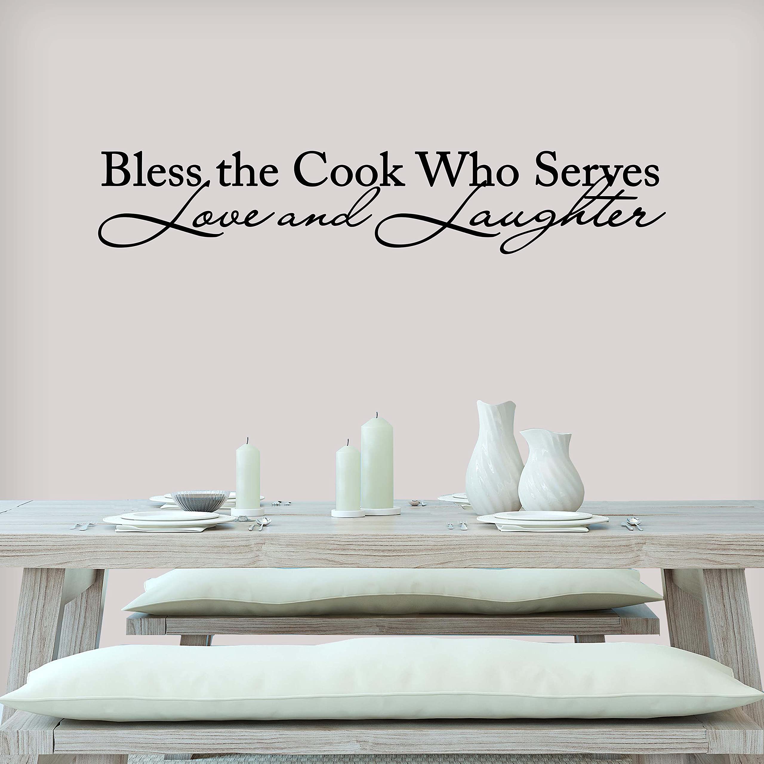 Vinyl Kitchen Quote Wall Decal - 'Bless The Cook Who Serves Love and Laughter' | 22x4 Inches | Black | Made in USA | Rustic Kitchen Decor for Home, Farmhouse & Dining Room Wall Art