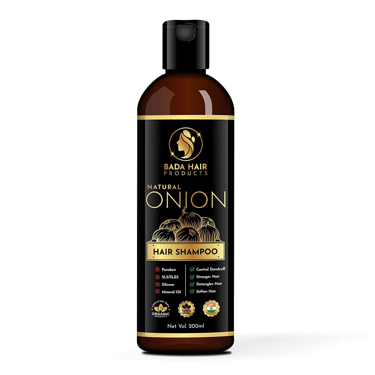 BADAHAIR® Ayurvedic Herbal Onion Shampoo for Hair Growth & Hair Loss Prevention - 200ml | Controls Dryness & Frizz for Silky, Shiny, Strong Hair | Ideal for Daily Use & Scalp Care