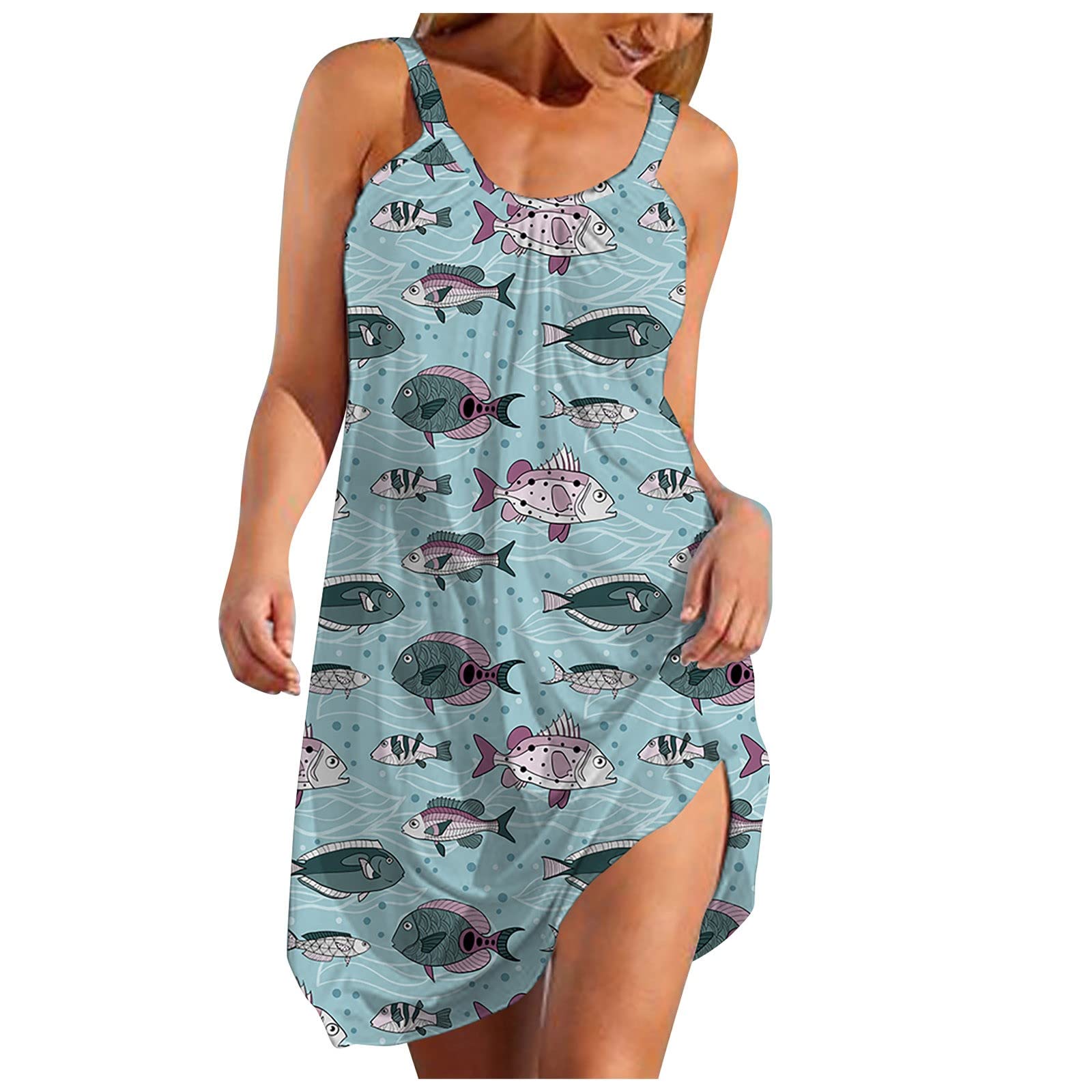 Women's Sleeveless Ruffle Plaid Elastic Waist Holiday Dress - Floral Print Shift Tunic for Summer Parties, Beach Vacations & Casual Outings
