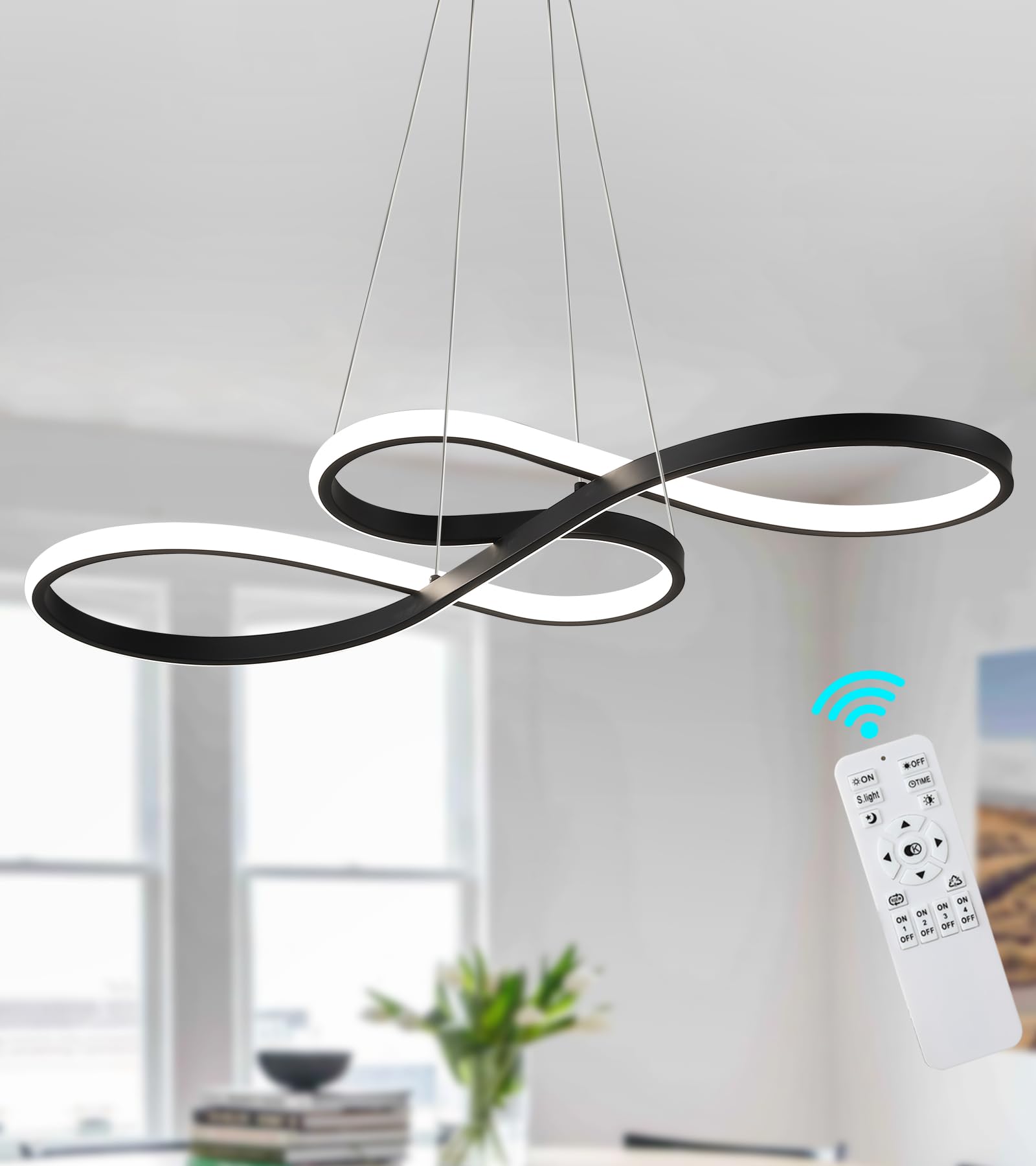Q&S Modern Black LED Chandelier with Remote Control - Dimmable Dining Room Light Fixture for Living Room, Bar, Game Room, Restaurant, Hotel & Office - Perfect for Romantic Dinners, Entertainment Spaces & Professional Settings (30-inch)