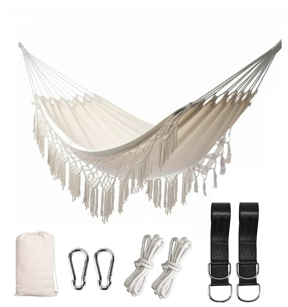 Boho Hammock with Handmade Tassels & Fishtail Knitting - Premium Cotton Hammock with Heavy Duty Straps for Indoor Outdoor Use - Perfect for Bedroom, Yard, Beach, Patio, Wedding Decor (Beige) - Relaxation & Boho Chic Home Decor