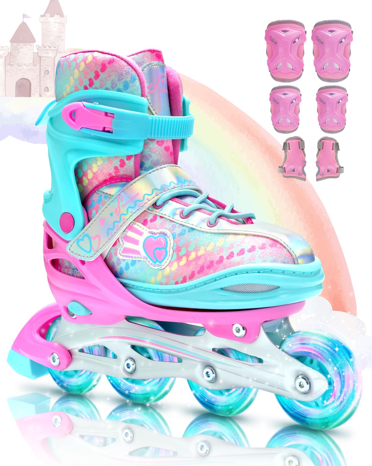 **Sportneer Adjustable Inline Skates for Kids & Youth - 4 Sizes, LED Light Up Wheels, Full Protective Gear Set - Perfect for Beginners, Girls, Women - Indoor & Outdoor Roller Skating Fun**