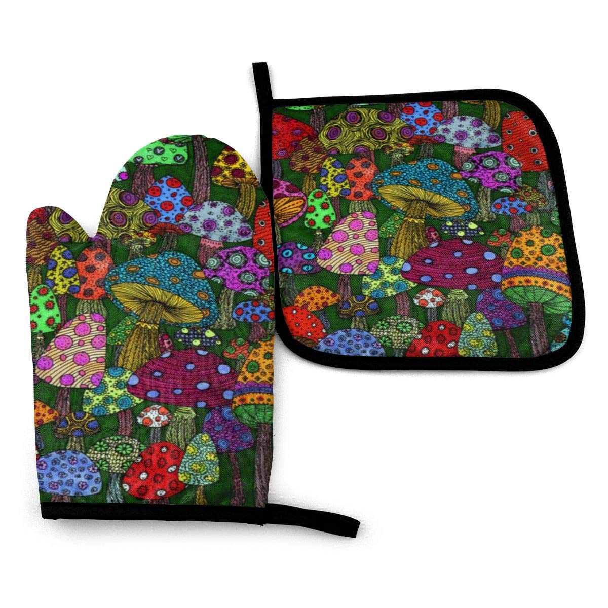 Forest Mushroom Art Oven Mitts and Potholders Set - Heat Resistant & Waterproof Kitchen Gloves for Baking, Cooking & Grilling - Perfect for Home Chefs & Holiday Gifts (2-Piece)