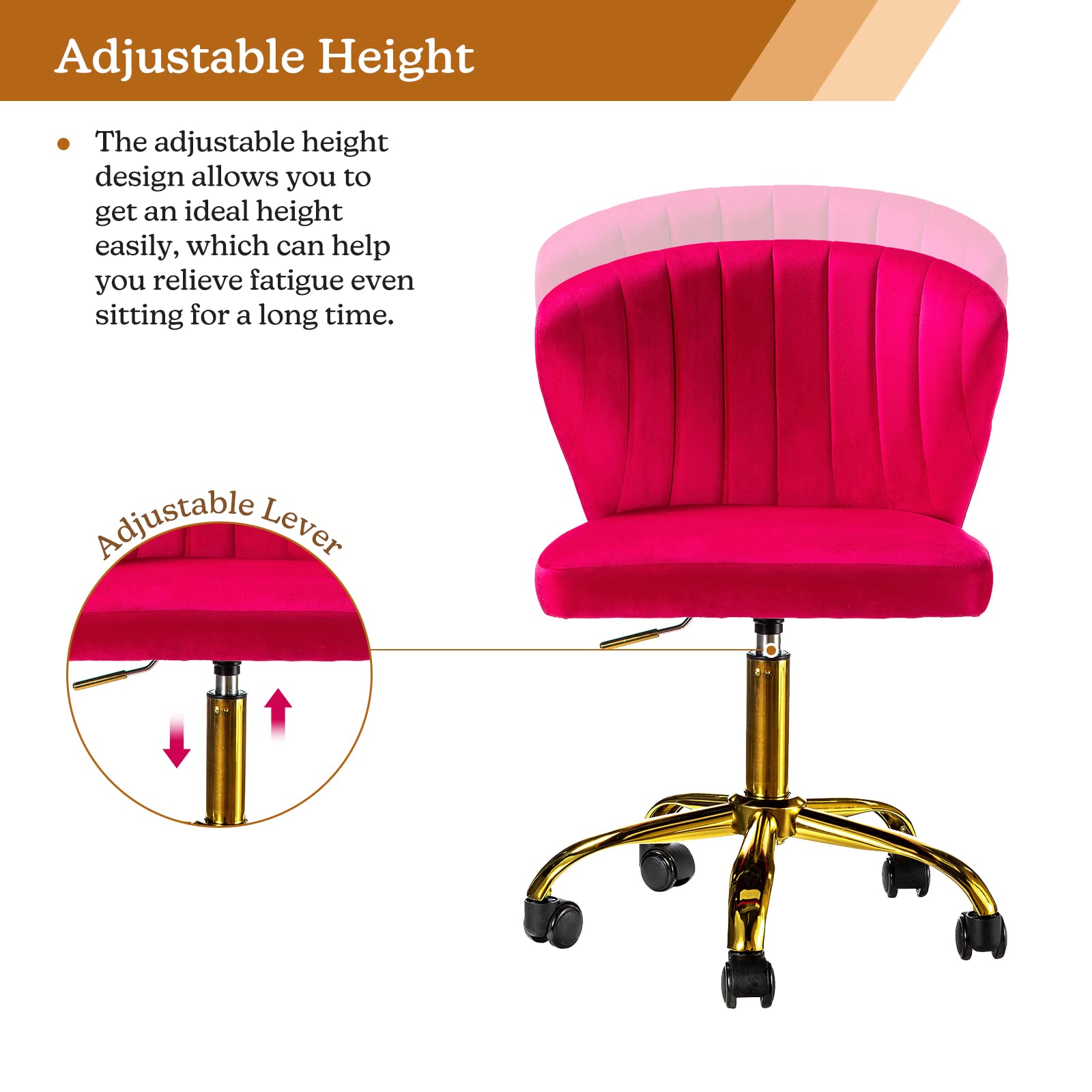 Modern Velvet Swivel Office Chair with Wheels & Gold Base - Adjustable Low Back Armless Task Chair for Home Office, Study, Living Room & Vanity - Comfortable Upholstered Rolling Chair in Fuchsia Pink (Perfect for Small Spaces & Cozy Workspaces)