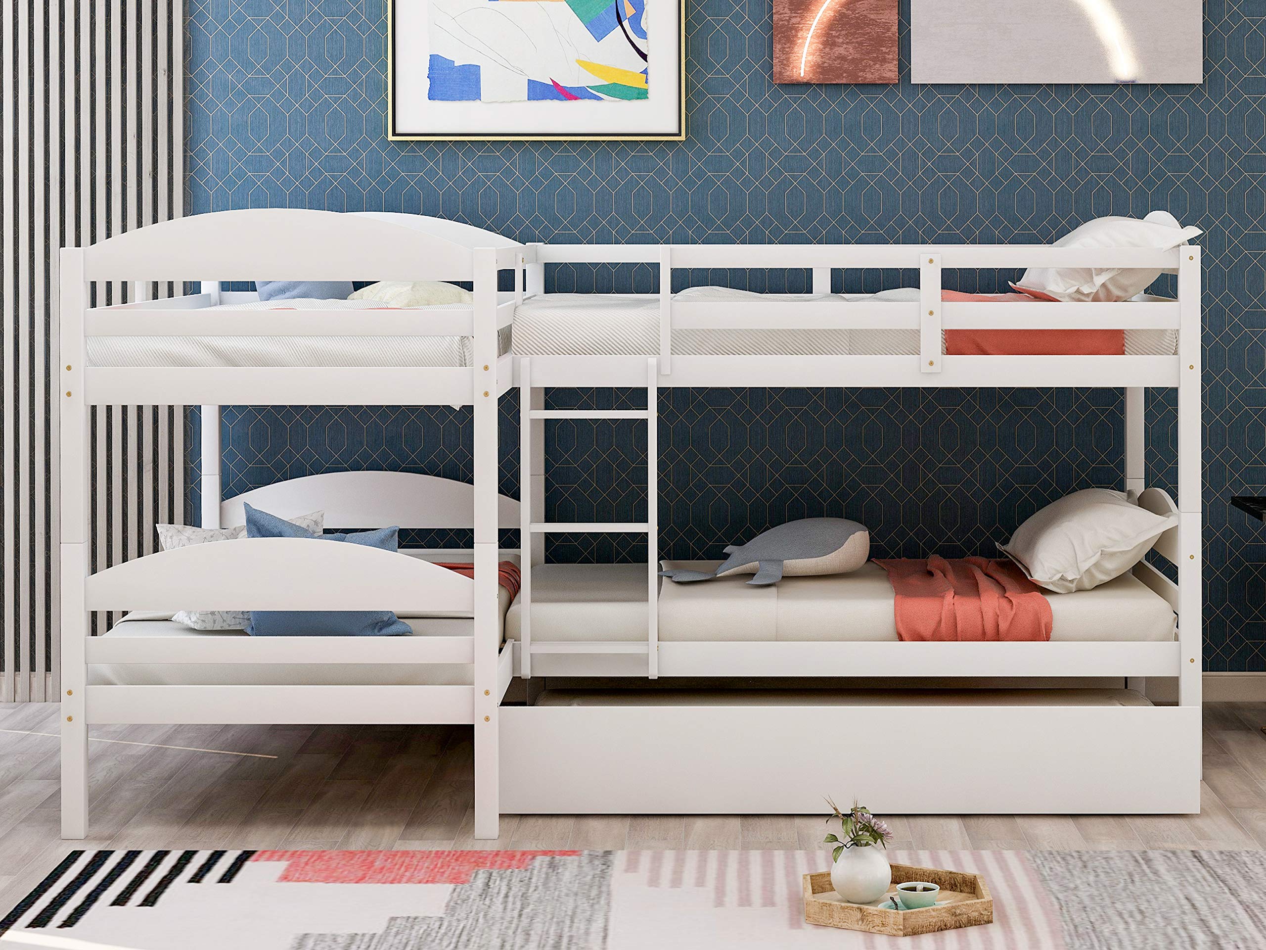 Twin Over Twin L-Shaped Wooden Bunk Bed for Kids & Teens with Trundle - Convertible to 2 Corner Platform Beds - No Box Spring Needed - White (Perfect for Shared Kids' Rooms, Sleepovers & Small Spaces)
