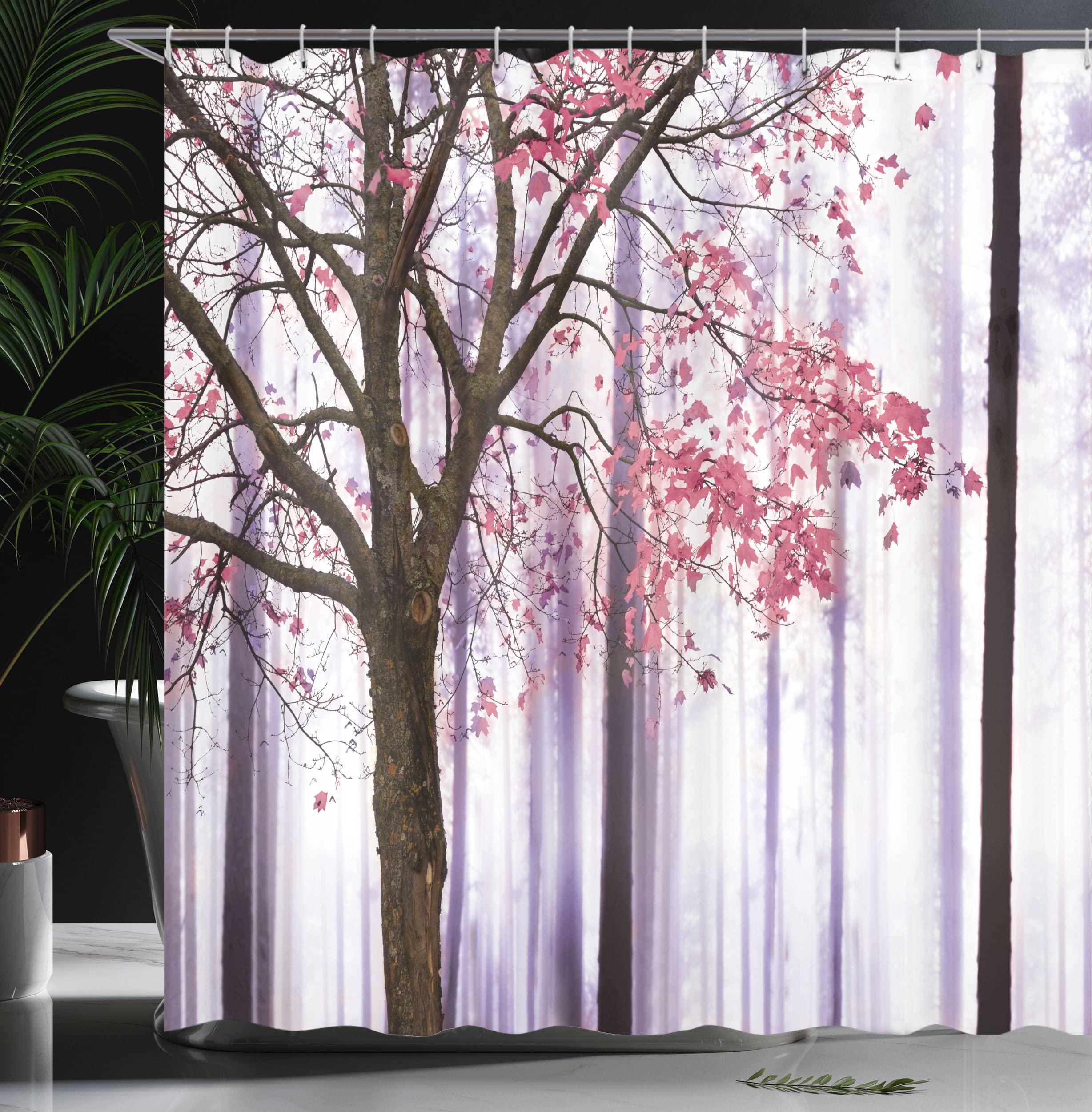 Ambesonne Autumn Shower Curtain - Lonely Tree Leaves Abstract Woodland Print, 69x84 Inch Waterproof Fabric Bathroom Decor with Hooks, Lilac Pink | Perfect for Fall Bathroom Makeover, Seasonal Home Decor & Cozy Autumn Atmosphere