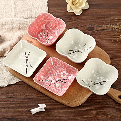Colias Wing Cuddly Plum Blossom Porcelain Side Dish Bowls - 4-Piece Square & Flower Pattern Set (Pink & White) - Perfect for Soy Sauce, Seasonings, Sushi Dipping, and Asian Dining Tableware