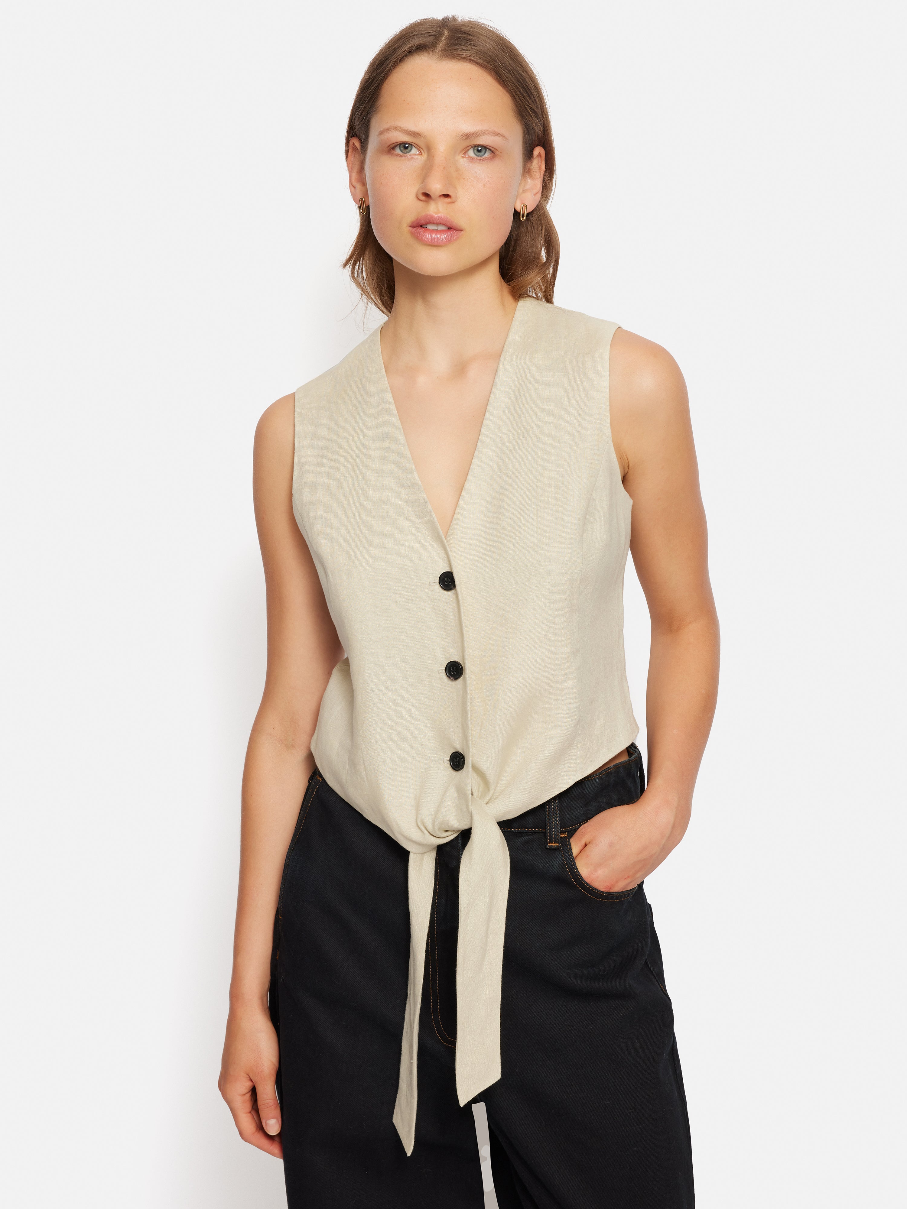 Elegant Cream Linen Tie Front Waistcoat Vest for Women - Perfect for Office Wear, Summer Outfits & Casual Chic Style