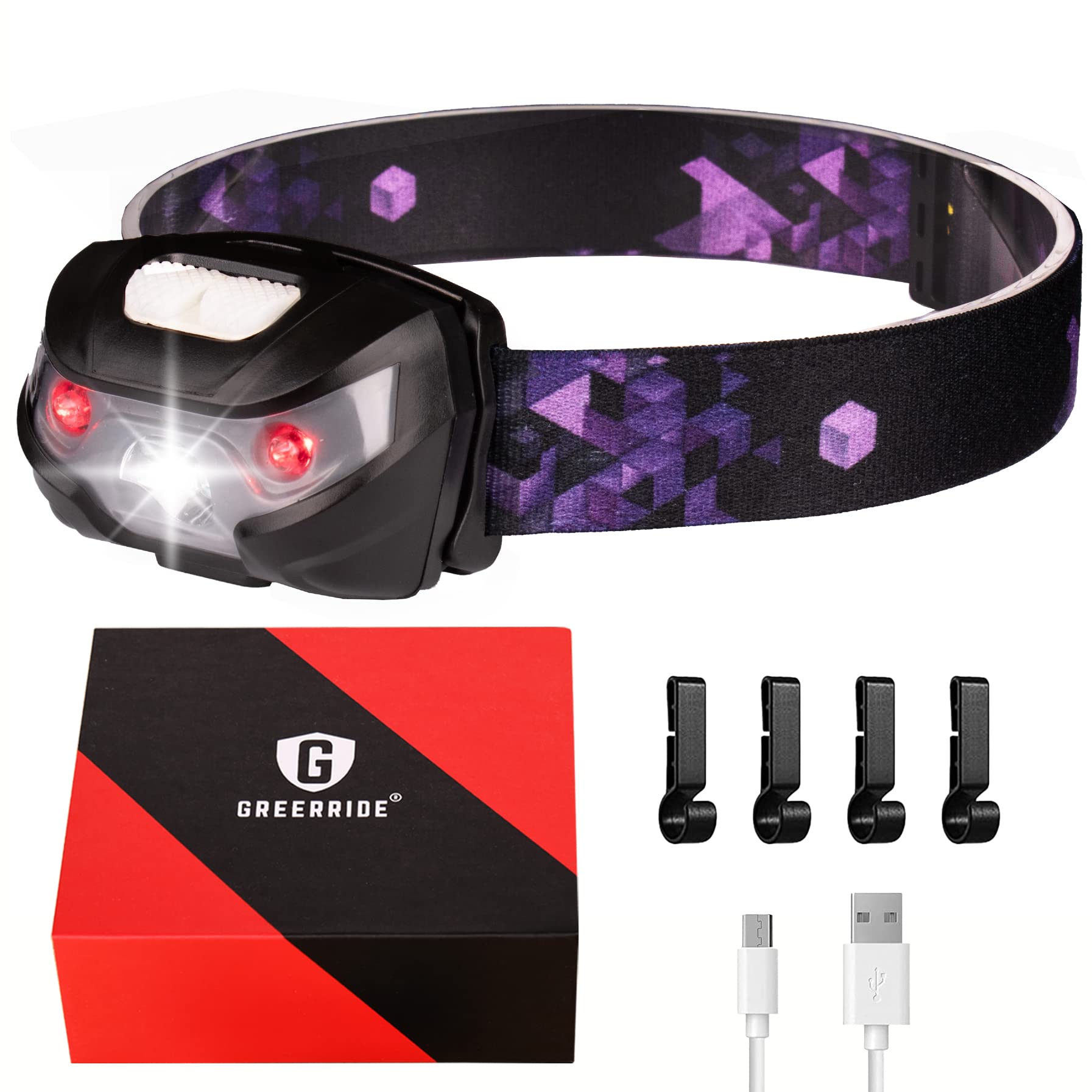 Greerride Rechargeable LED Headlamp for Hard Hats - Waterproof Headlight for Outdoor Running, Hiking & Camping - Adjustable Head Flashlight for Adults and Kids - Perfect for Night Work, Jogging and Emergency Use