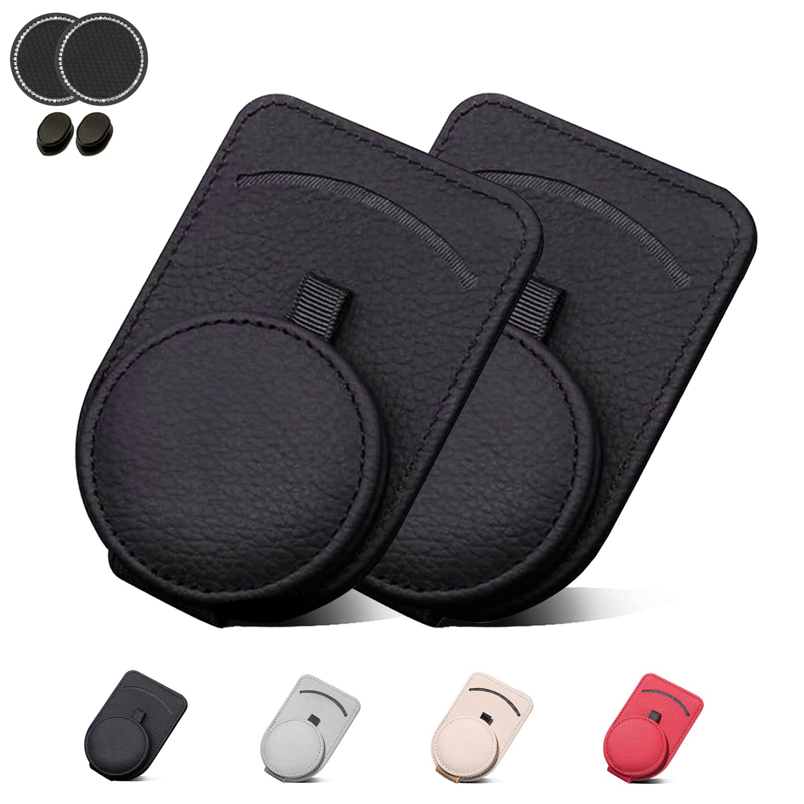 CIKOUCIN Magnetic Car Visor Sunglass Holder - 2 Pack Black Leather Sunglasses Clip with Card Storage | Perfect for Driving, Travel & Outdoor Activities