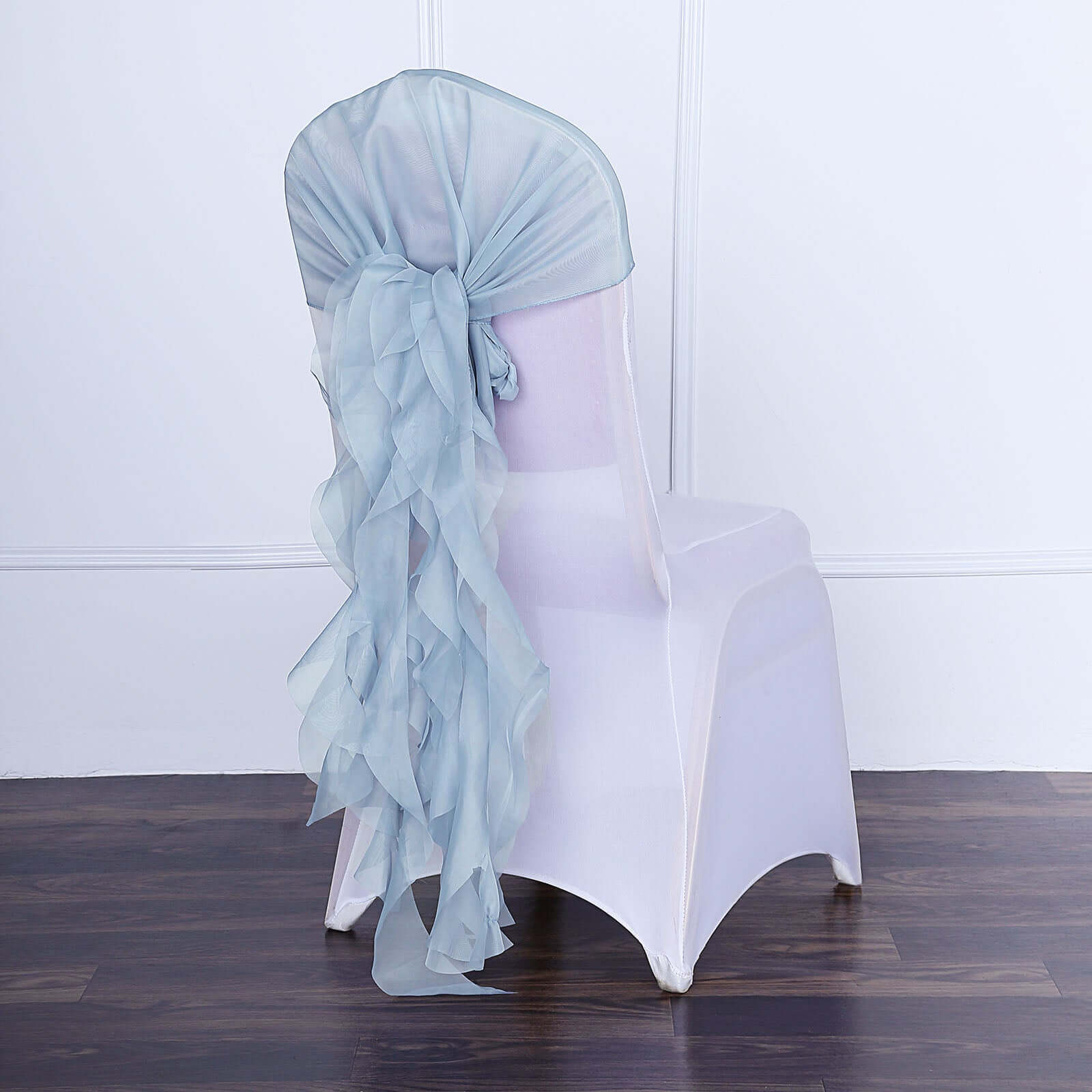 Elegant Dusty Blue Chiffon Chair Sashes with Willow Ruffles Design - 1 Set Stylish Wedding Chair Bow Decor for Banquet, Party & Home Decoration