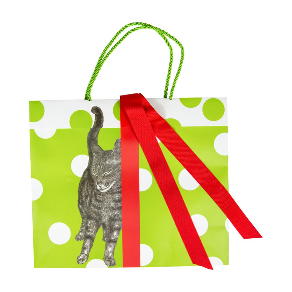 Caspari Curious Christmas Cats Large Gift Bags - Set of 2, Holiday Party Favor Bags for Christmas Gifts, Decorations, and Festive Celebrations
