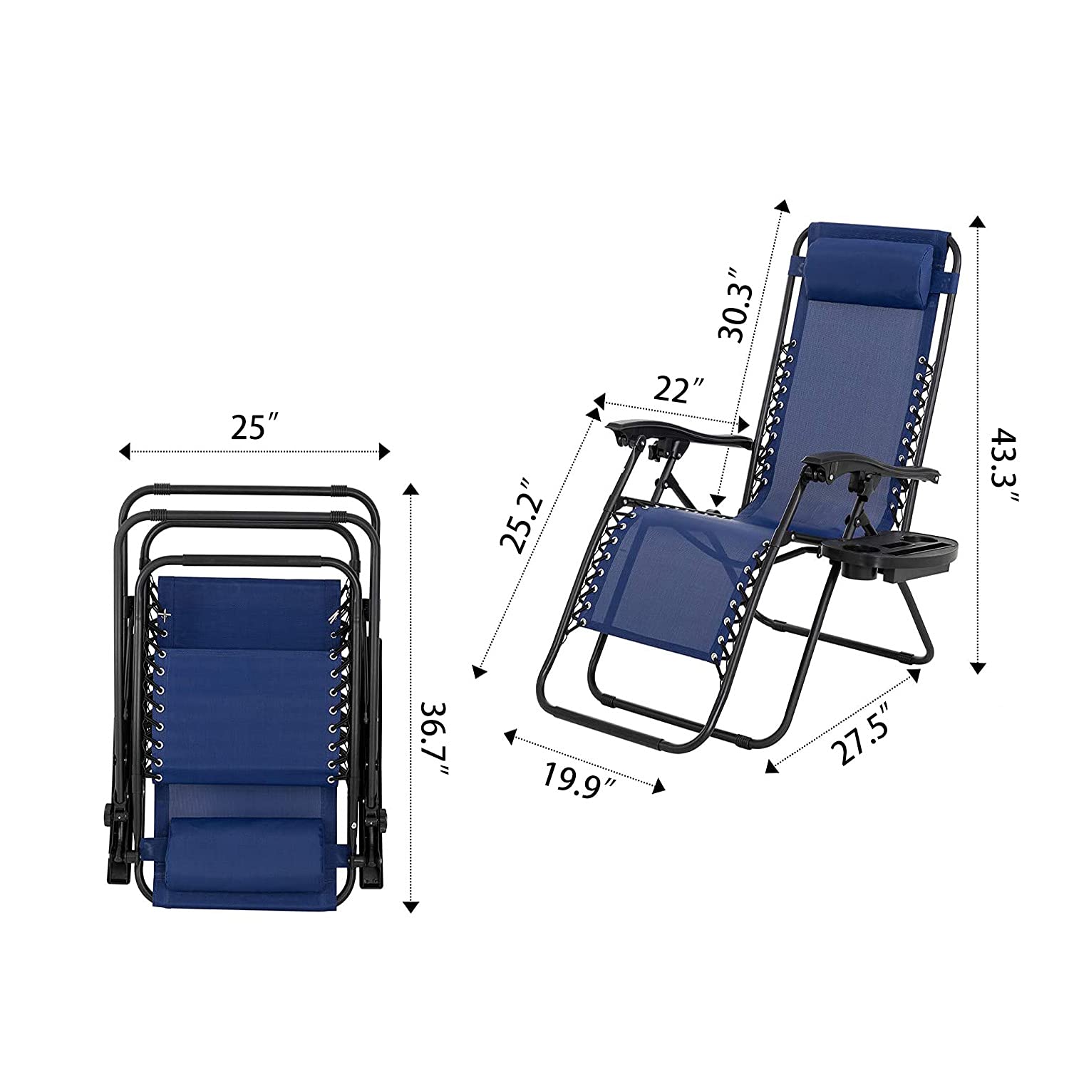 Premium Zero Gravity Lounge Chair with Adjustable Headrest & Cup Holder - 2-Piece Set for Outdoor Relaxation in Garden, Patio, Poolside or Beach (Dark Blue) - Perfect for Sunbathing, Camping & Backyard Lounging